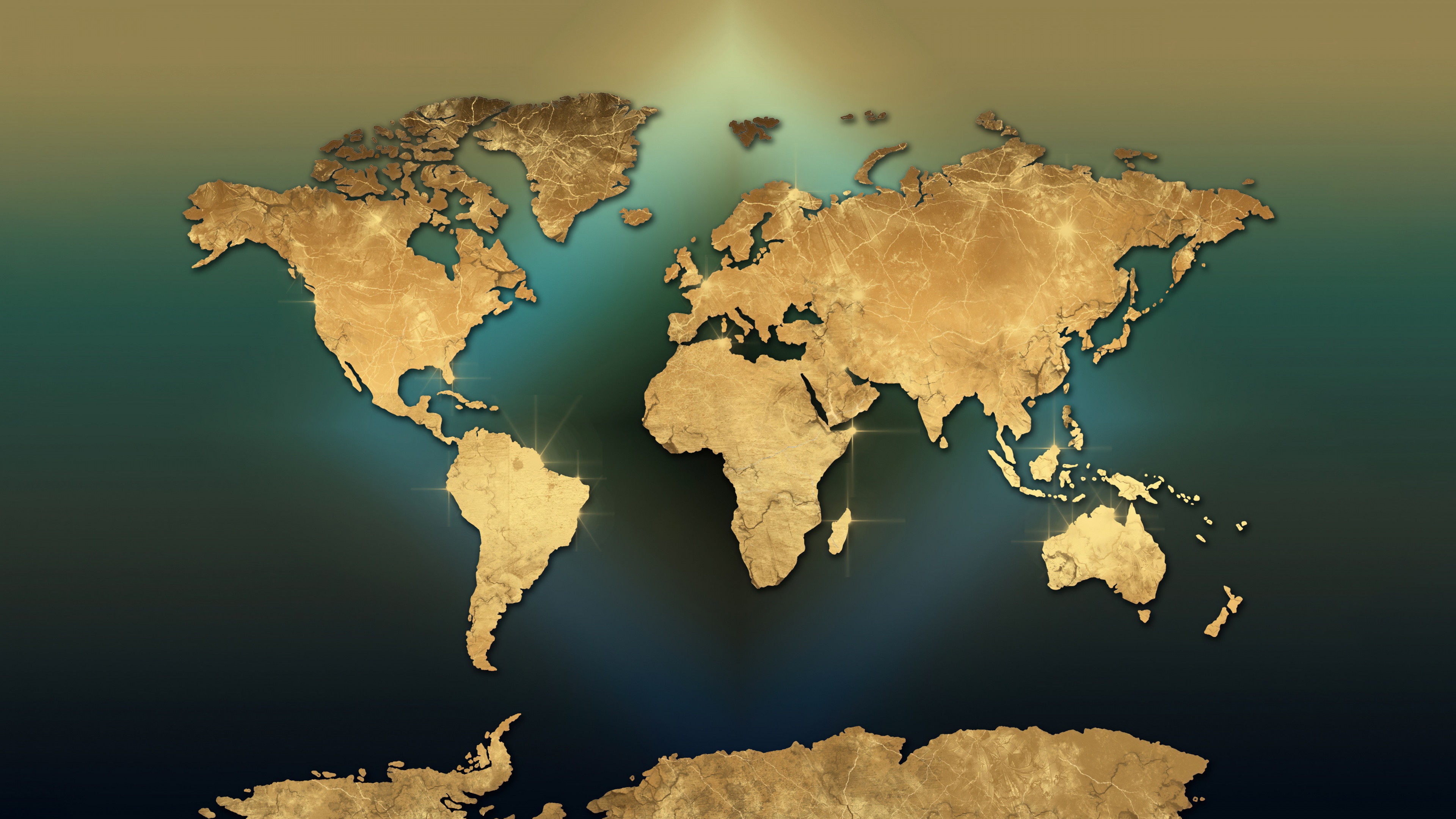 A detailed and luxurious world map presented in a brilliant, shimmering golden artistic style.
