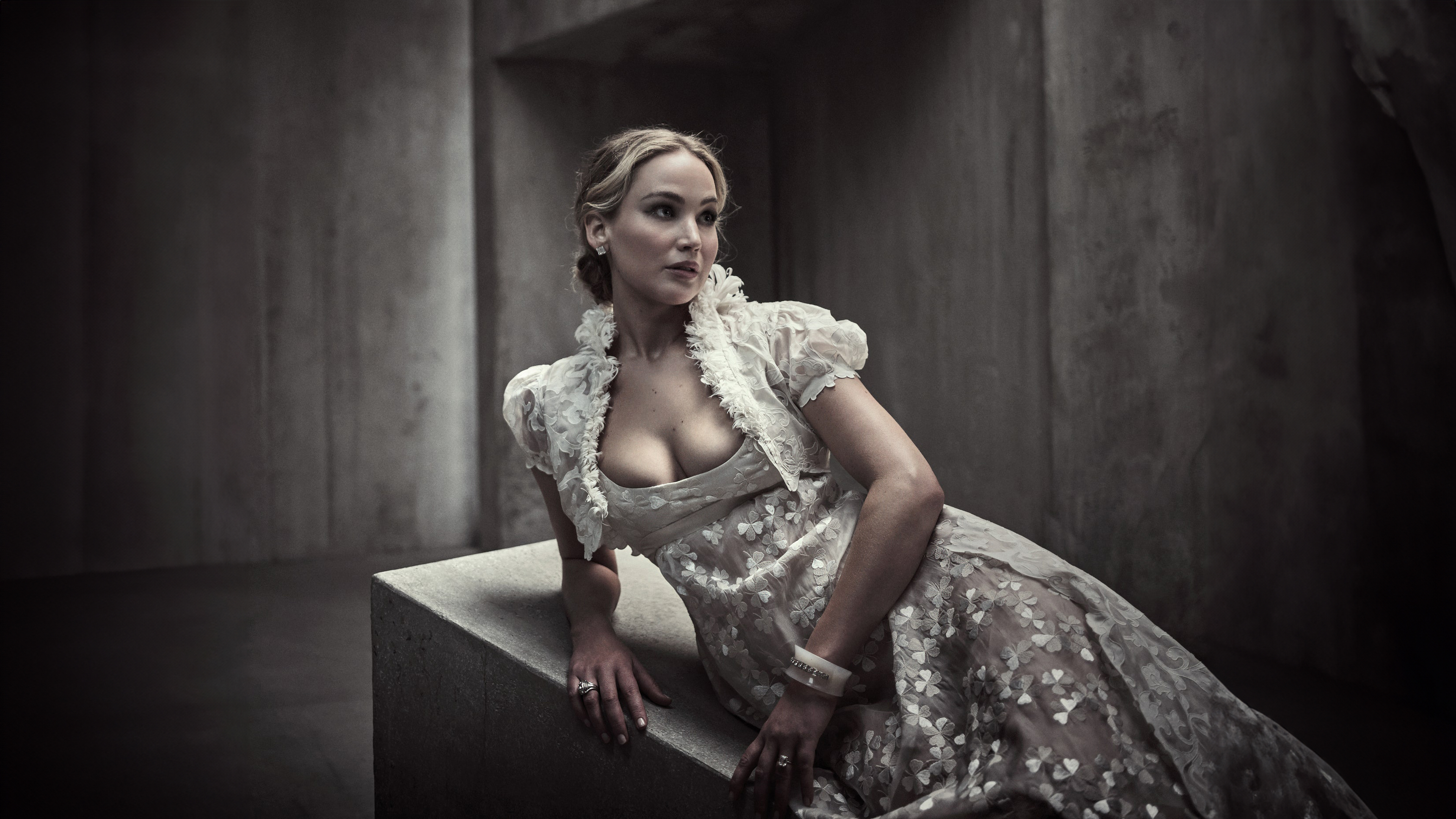 A high-fashion portrait of actress Jennifer Lawrence from her 2024 professional photoshoot.