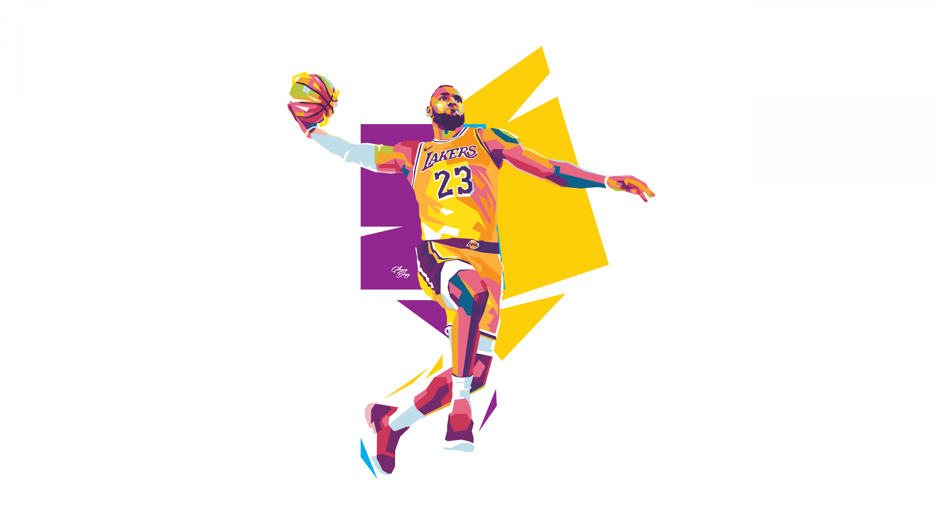 A professional illustration of NBA player LeBron James wearing a Los Angeles Lakers jersey on a white background.