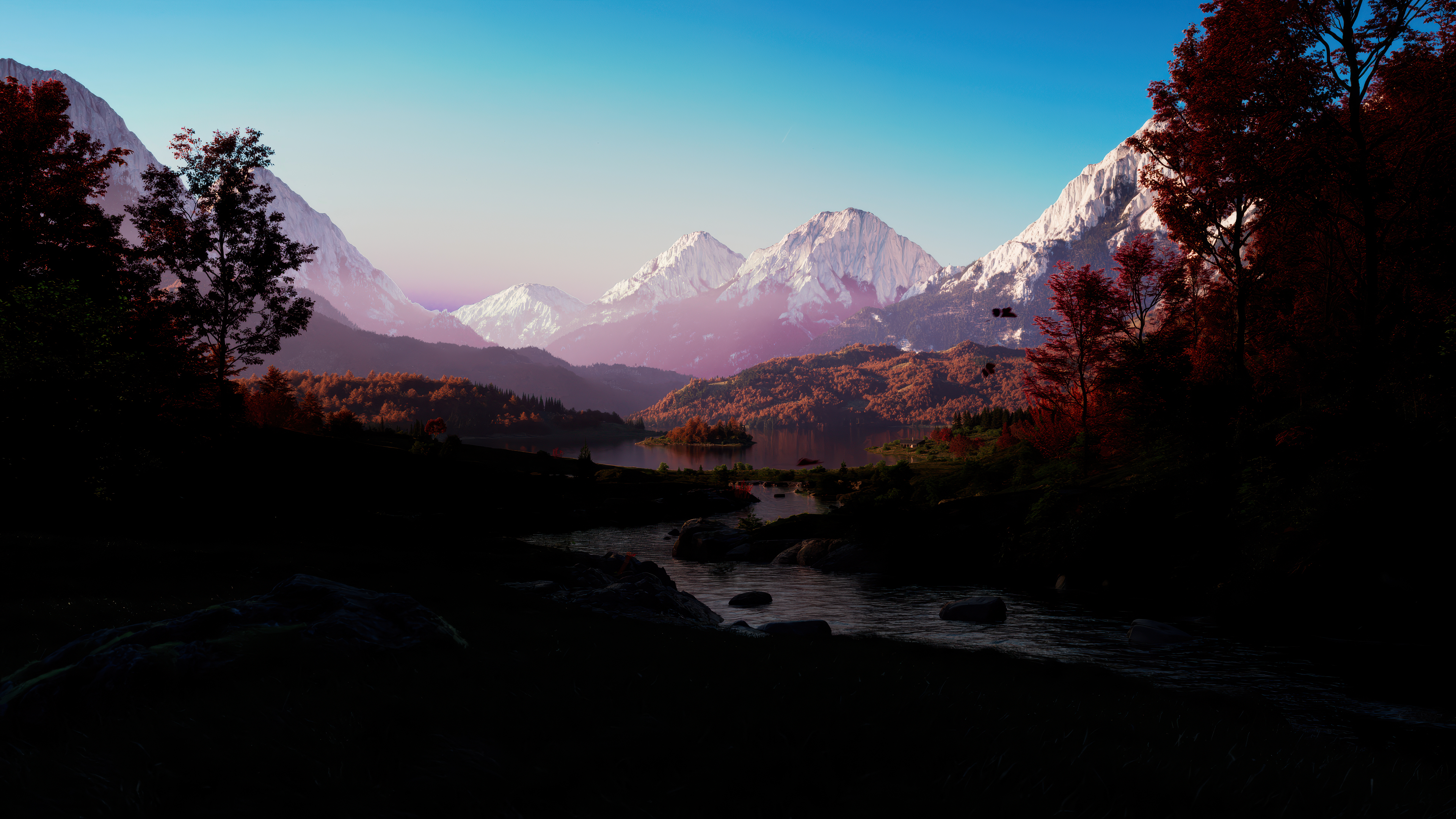 A scenic landscape featuring snowcapped mountains, a calm lake, and colorful autumn trees in a peaceful forest setting.