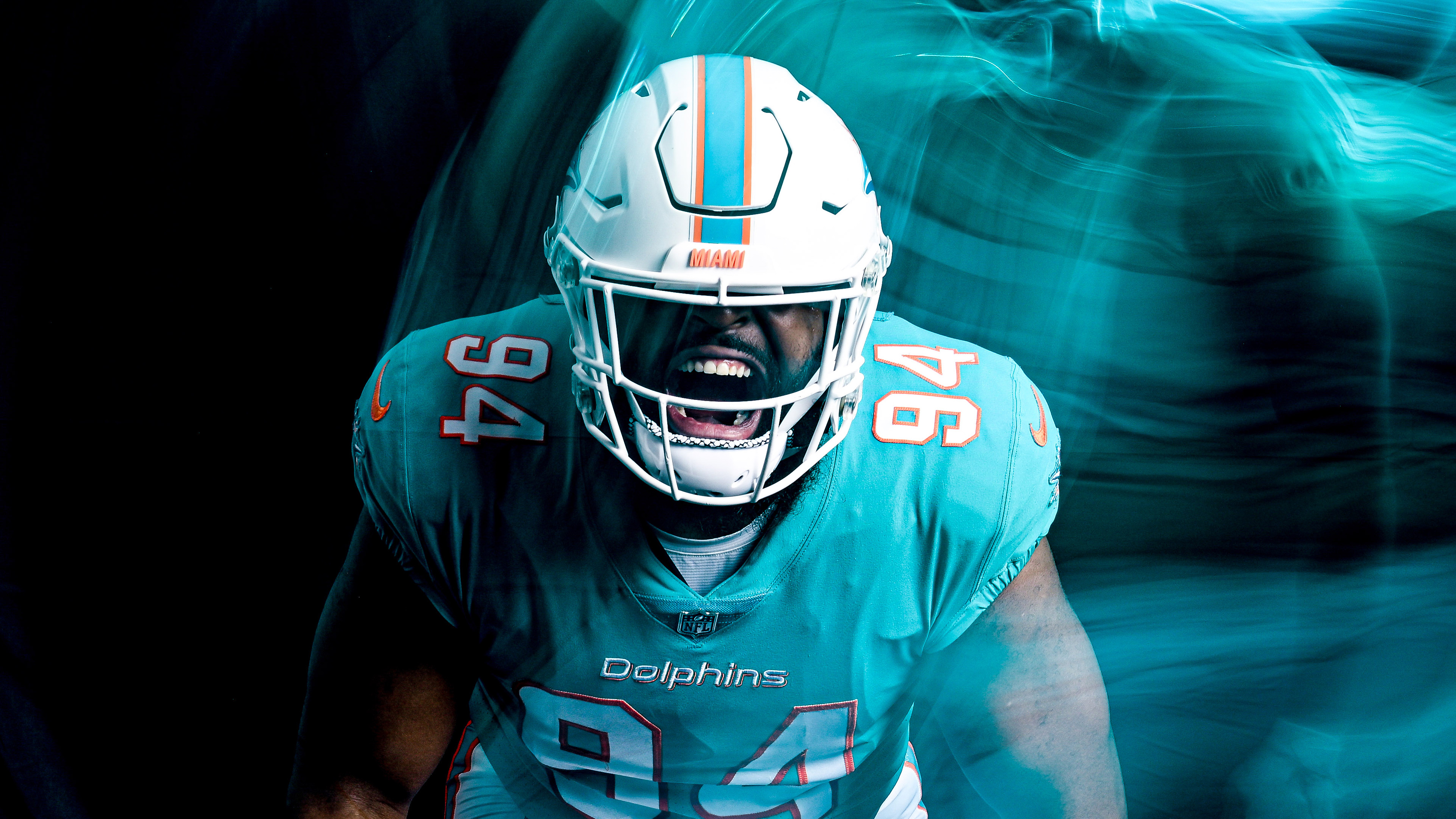 A stylized, energetic graphic featuring a dolphin in Miami Dolphins aqua and orange colors.