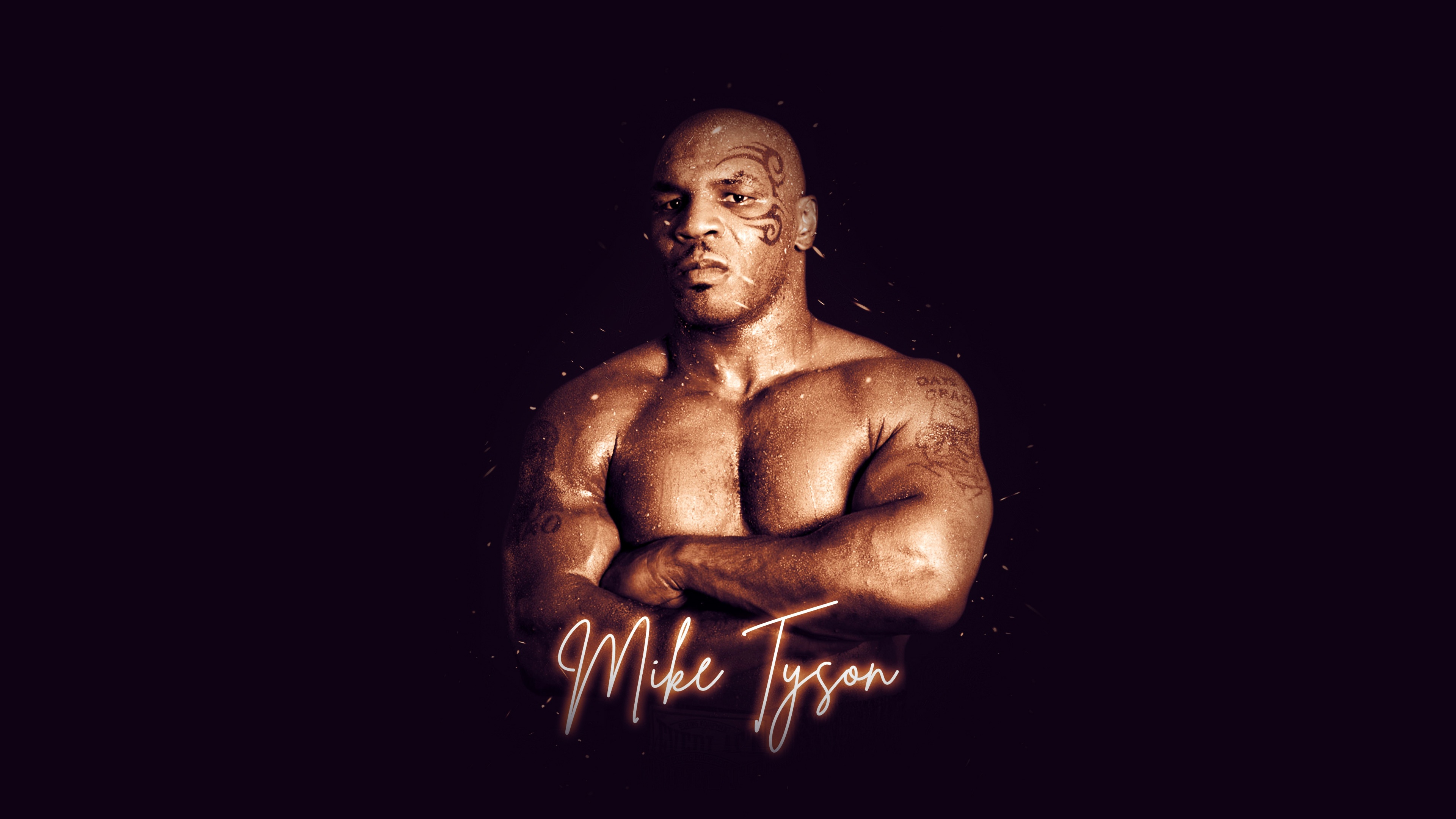 A dramatic portrait of legendary boxer Mike Tyson against a dark, atmospheric background.