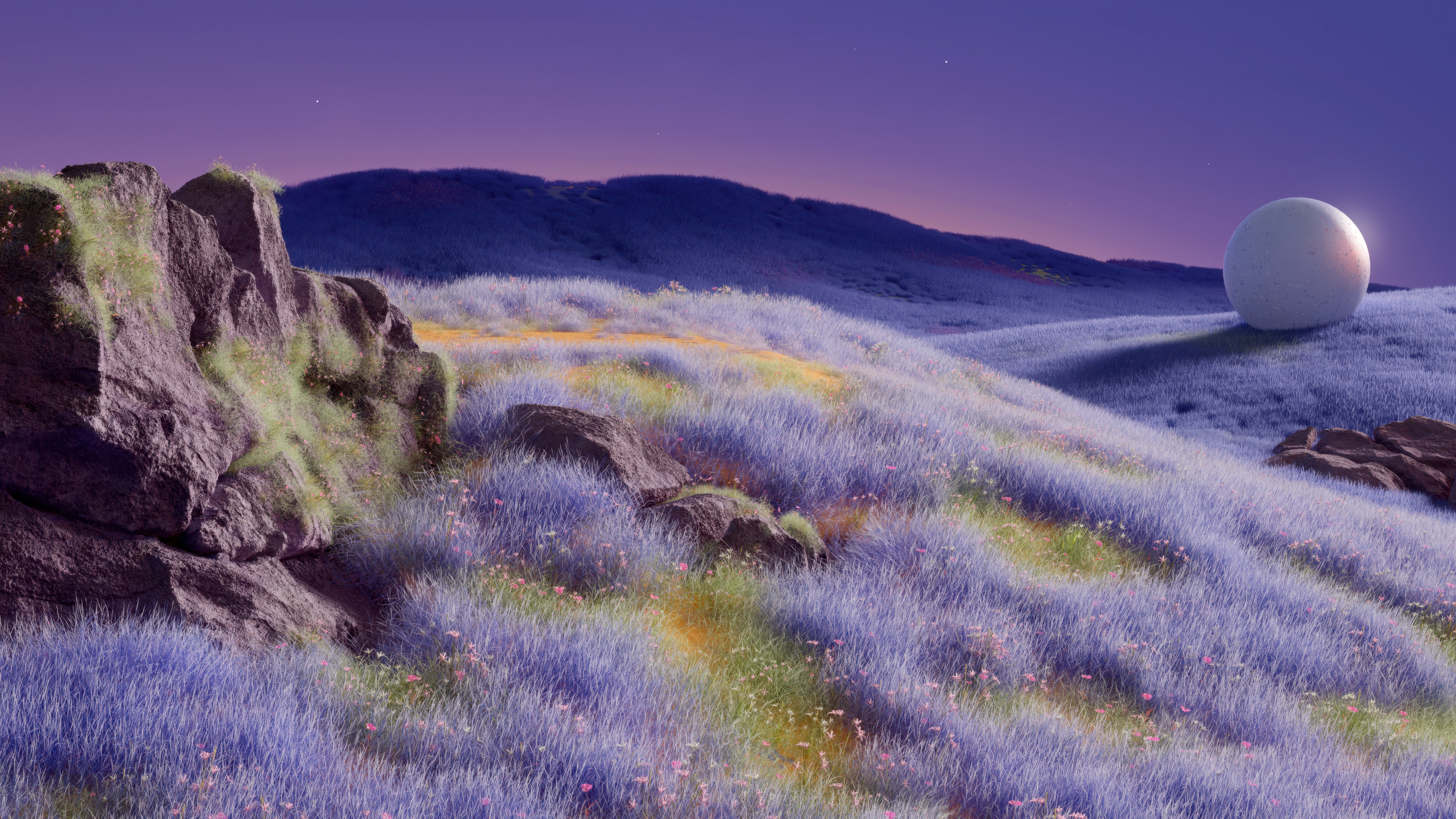 A surreal digital art landscape with dark purple tones, featuring silhouetted rocks and a dreamlike, serene atmosphere.