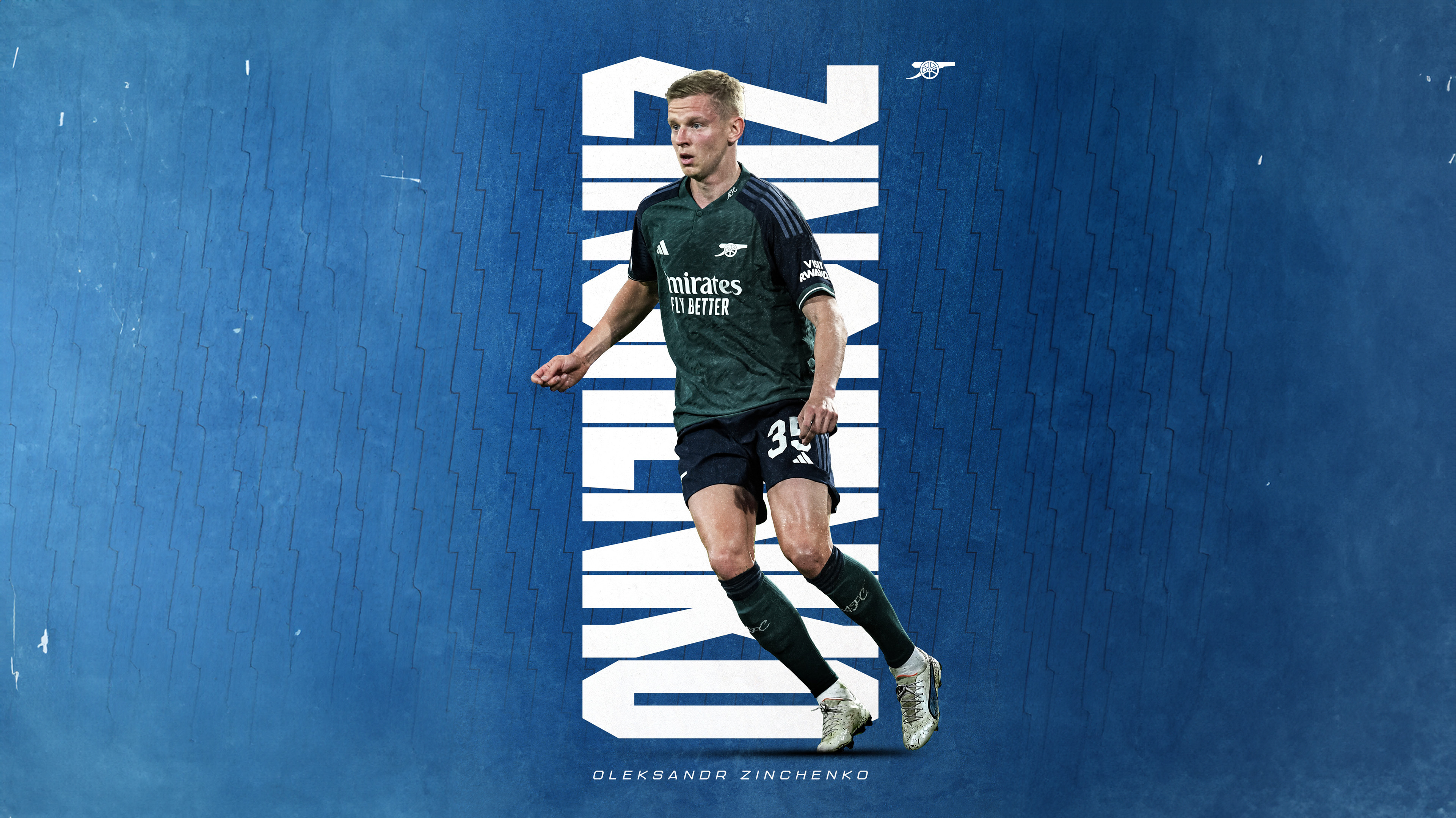 Ukrainian footballer Oleksandr Zinchenko wearing the official Arsenal FC home kit.
