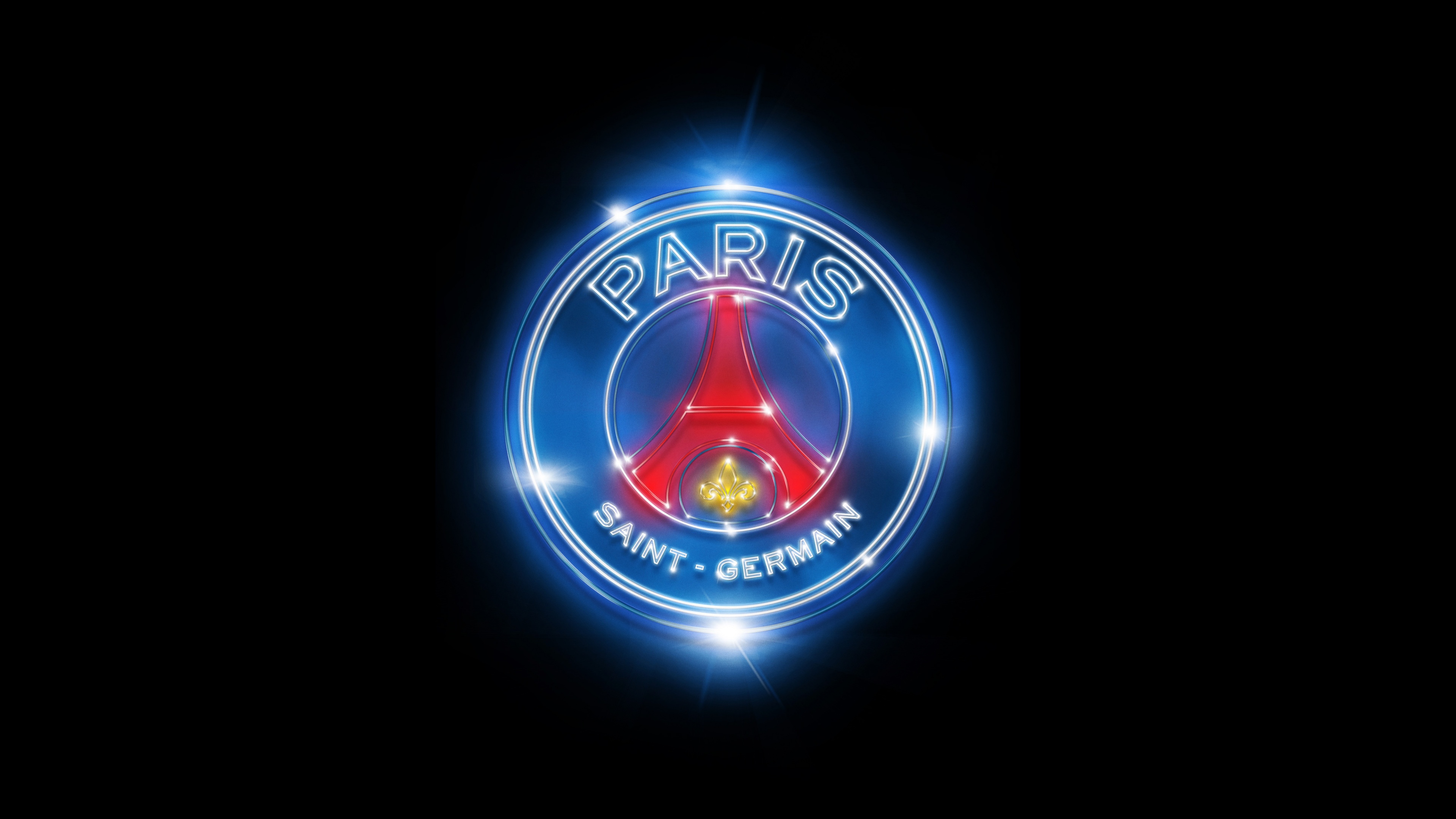 A glowing neon Paris Saint-Germain logo set against a dark black background.