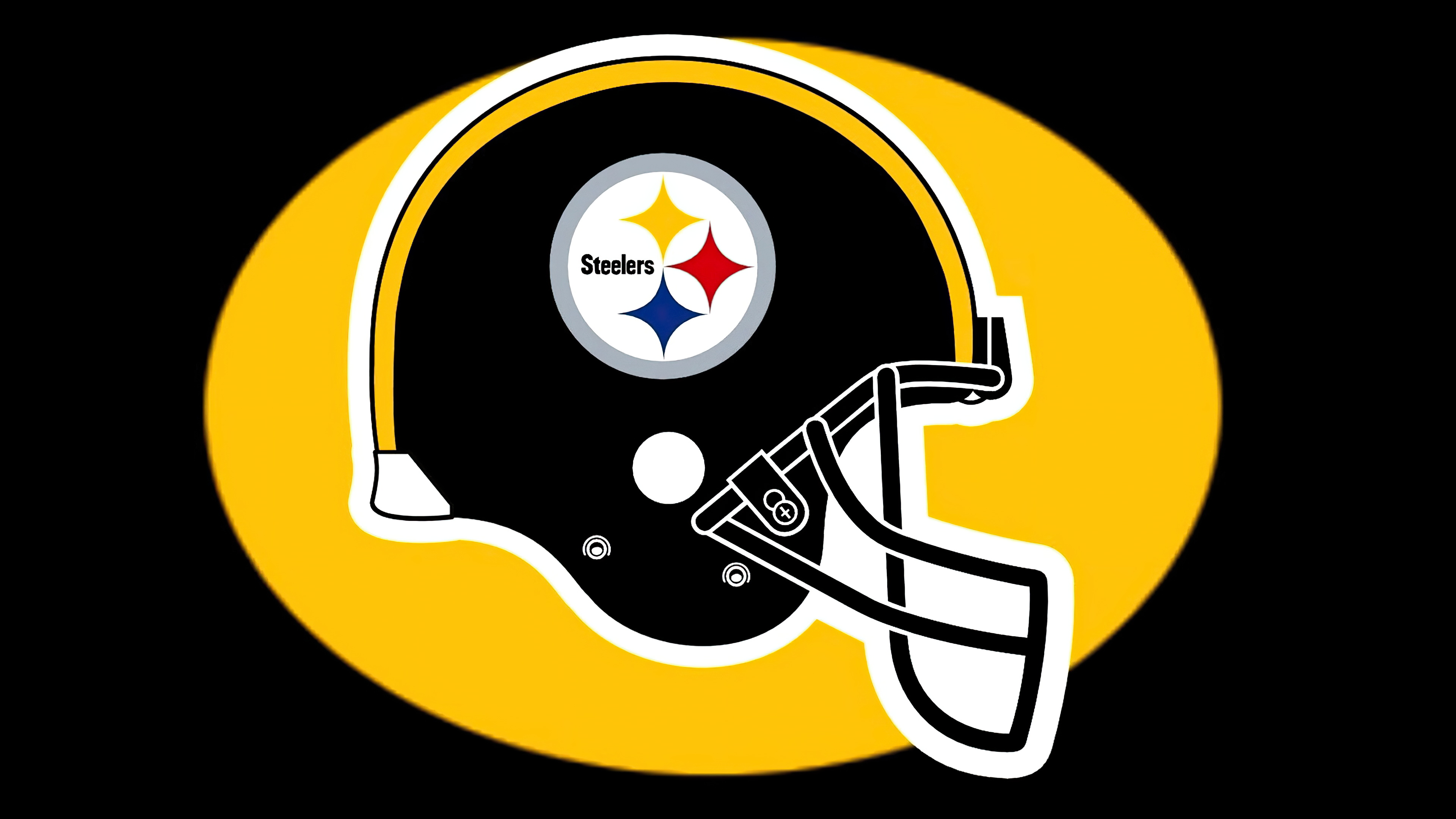 A professional studio shot of a Pittsburgh Steelers football helmet on a solid black background.
