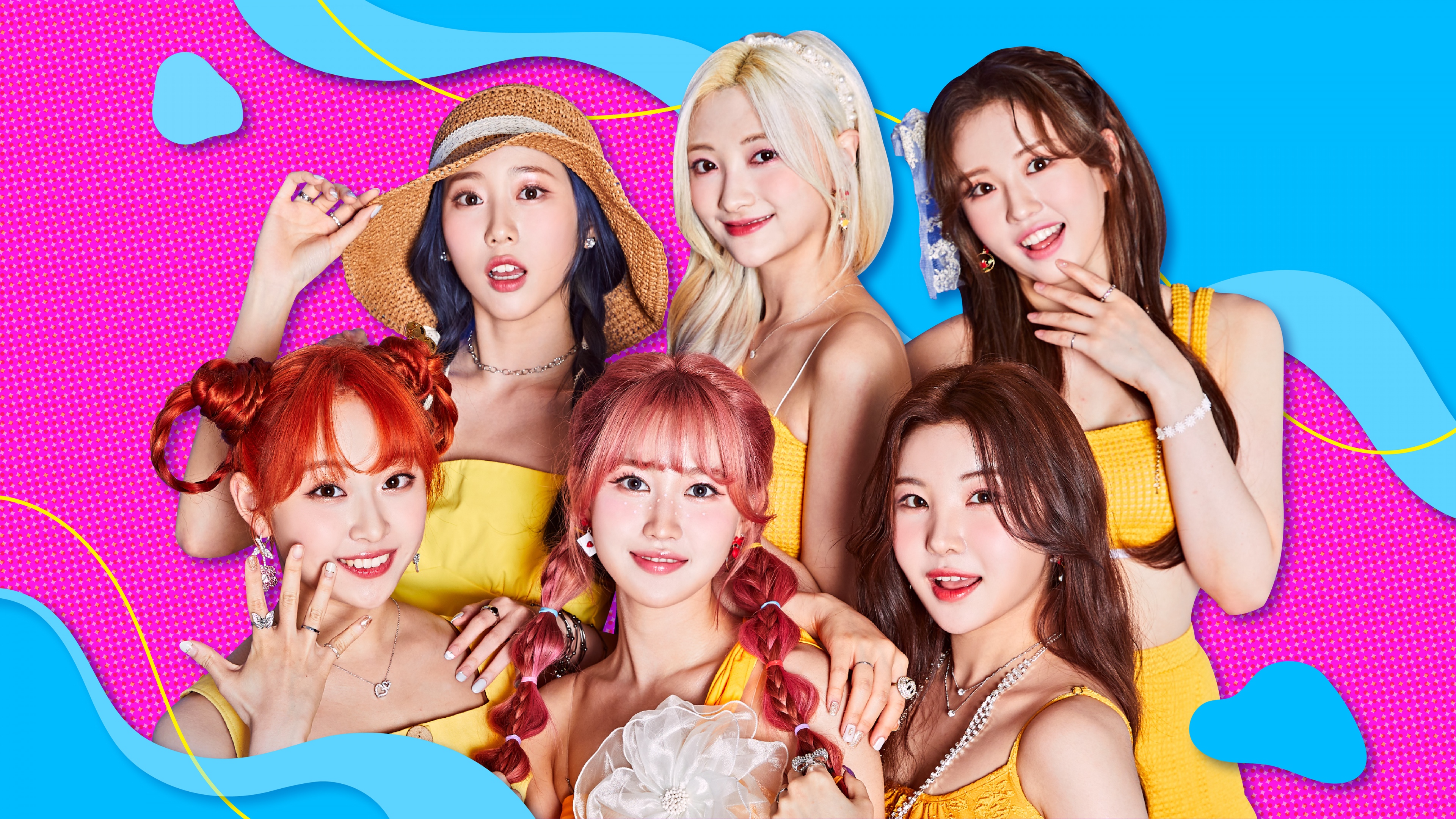 A group of stylish South Korean K-pop singers posing together in coordinated outfits.