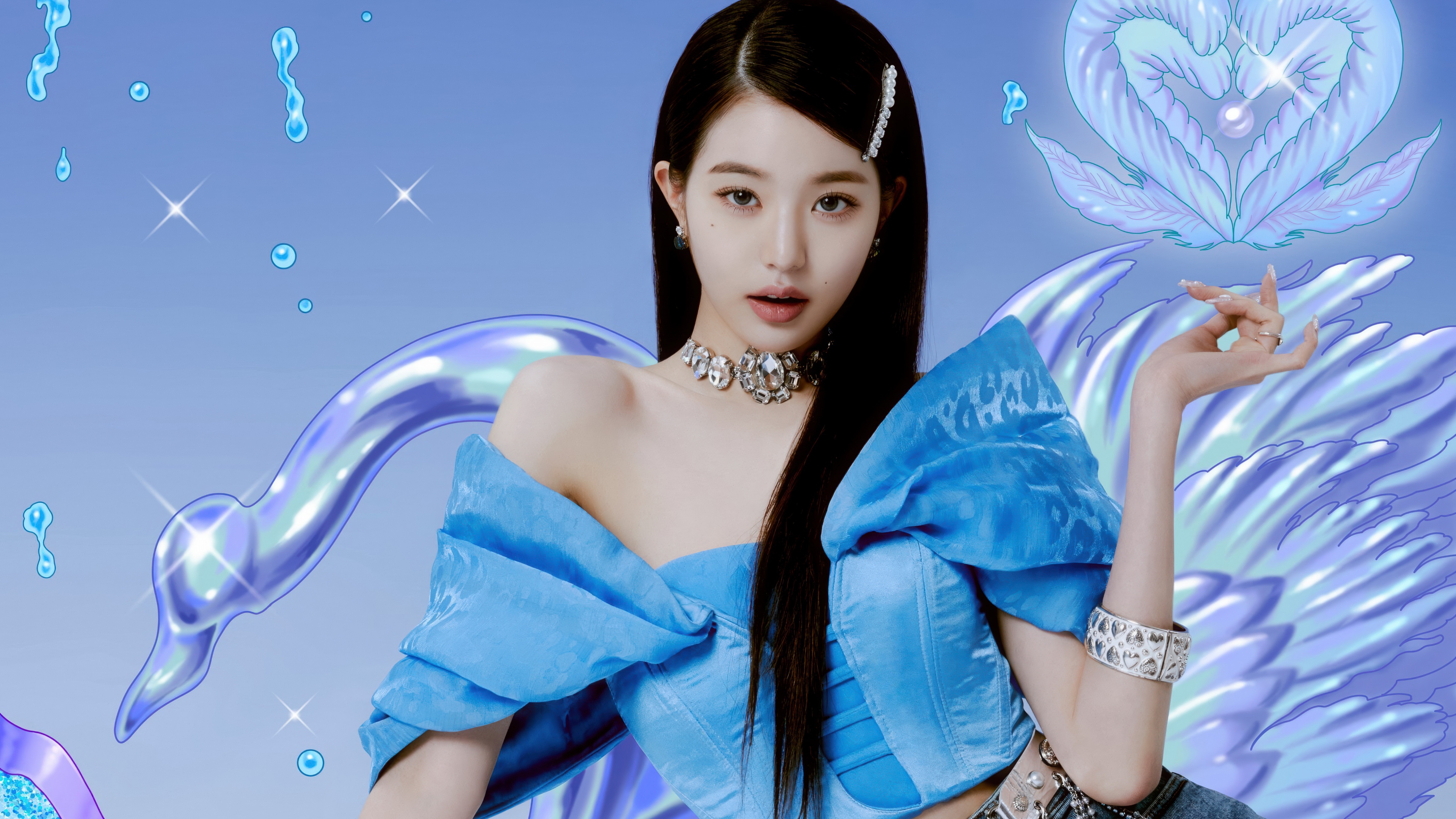 A close-up vertical shot of a K-pop idol with glittery eye makeup, sleek styled hair, and a vibrant stage outfit.