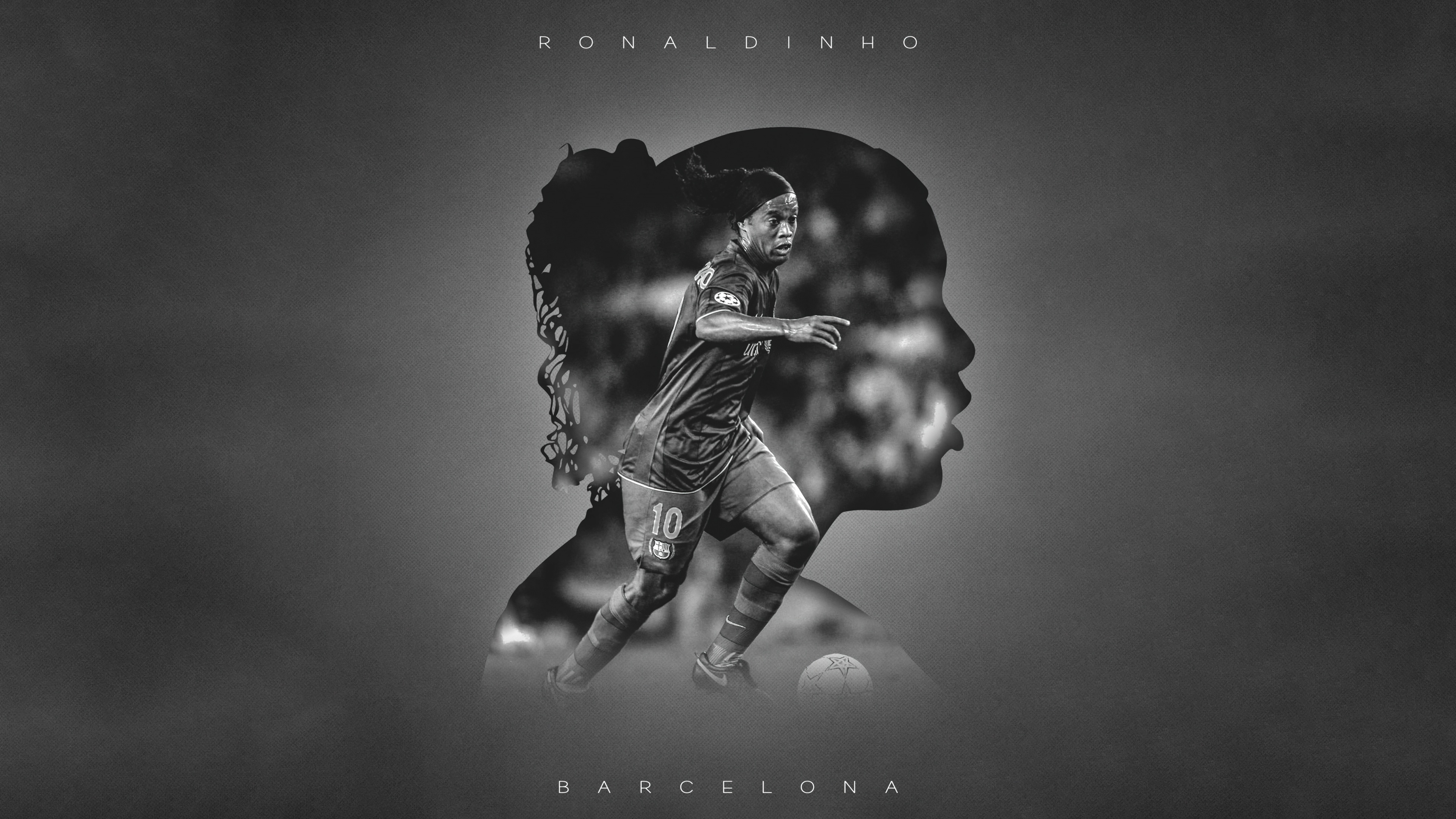 A high-resolution monochrome portrait of Brazilian football legend Ronaldinho.