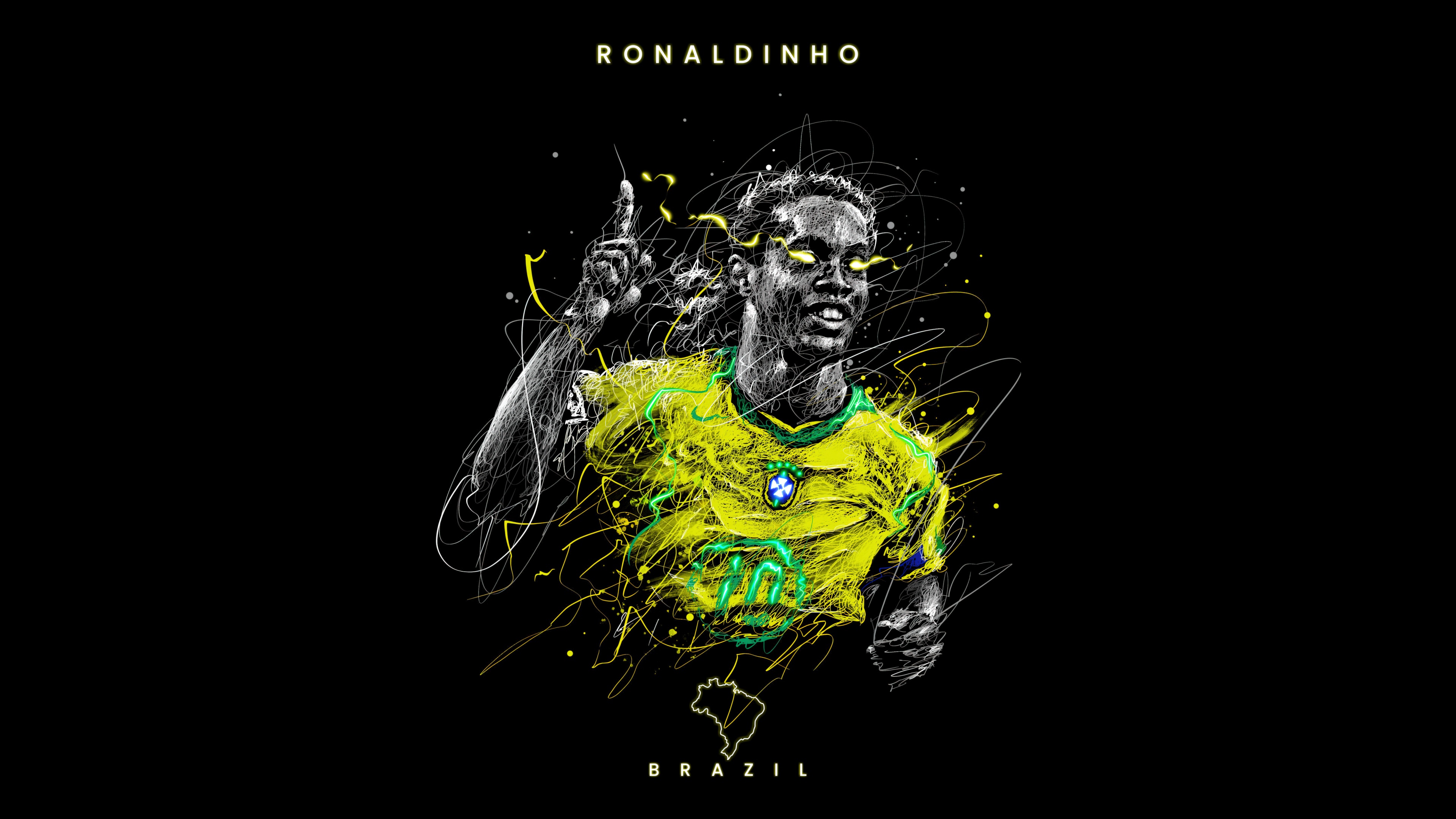 A high-contrast, 5K AMOLED-style fan art of Brazilian football legend Ronaldinho against a black background.