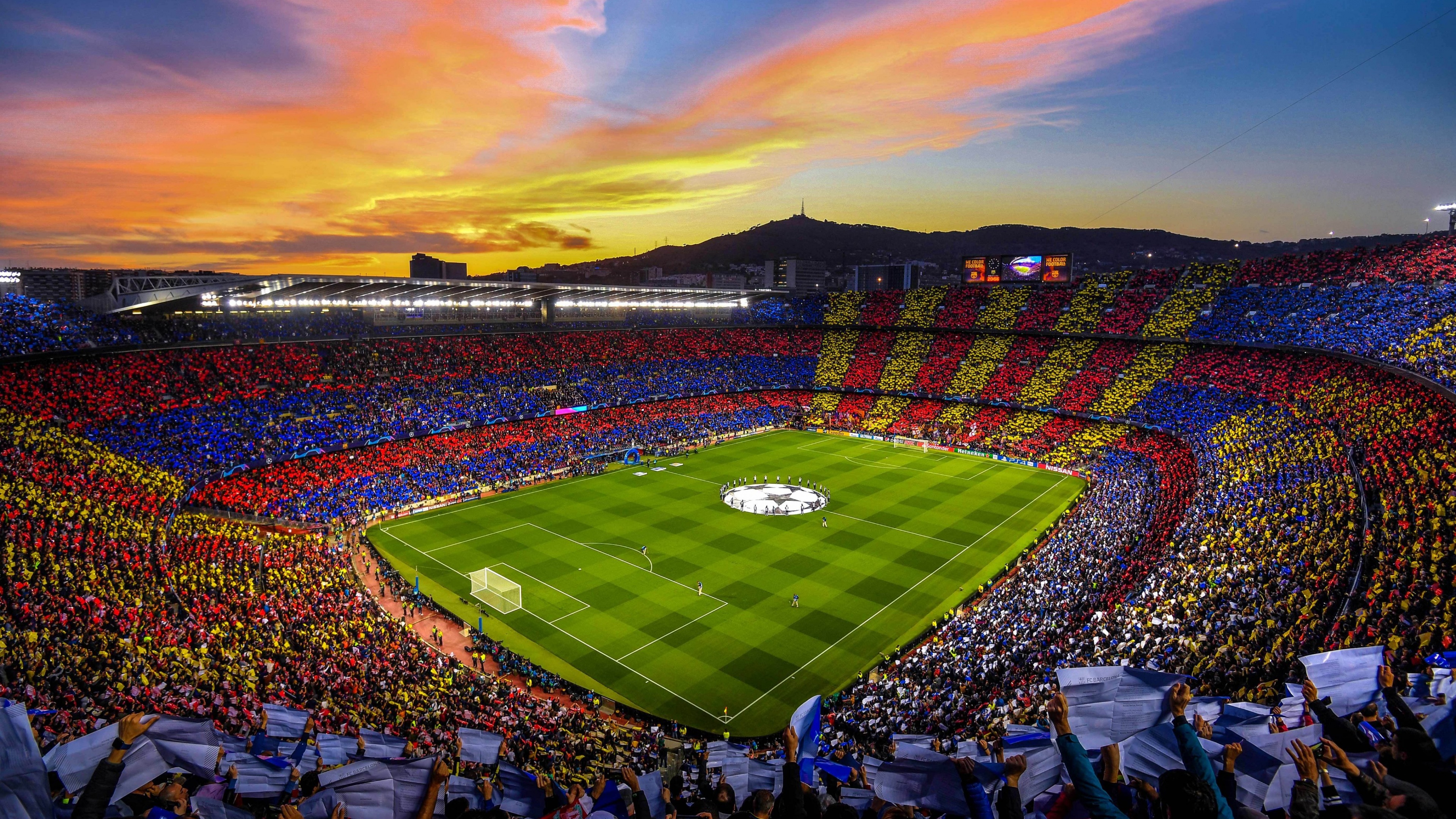 An aerial perspective of the Camp Nou stadium in Barcelona, Spain, showing the massive architecture of the FC Barcelona home ground.