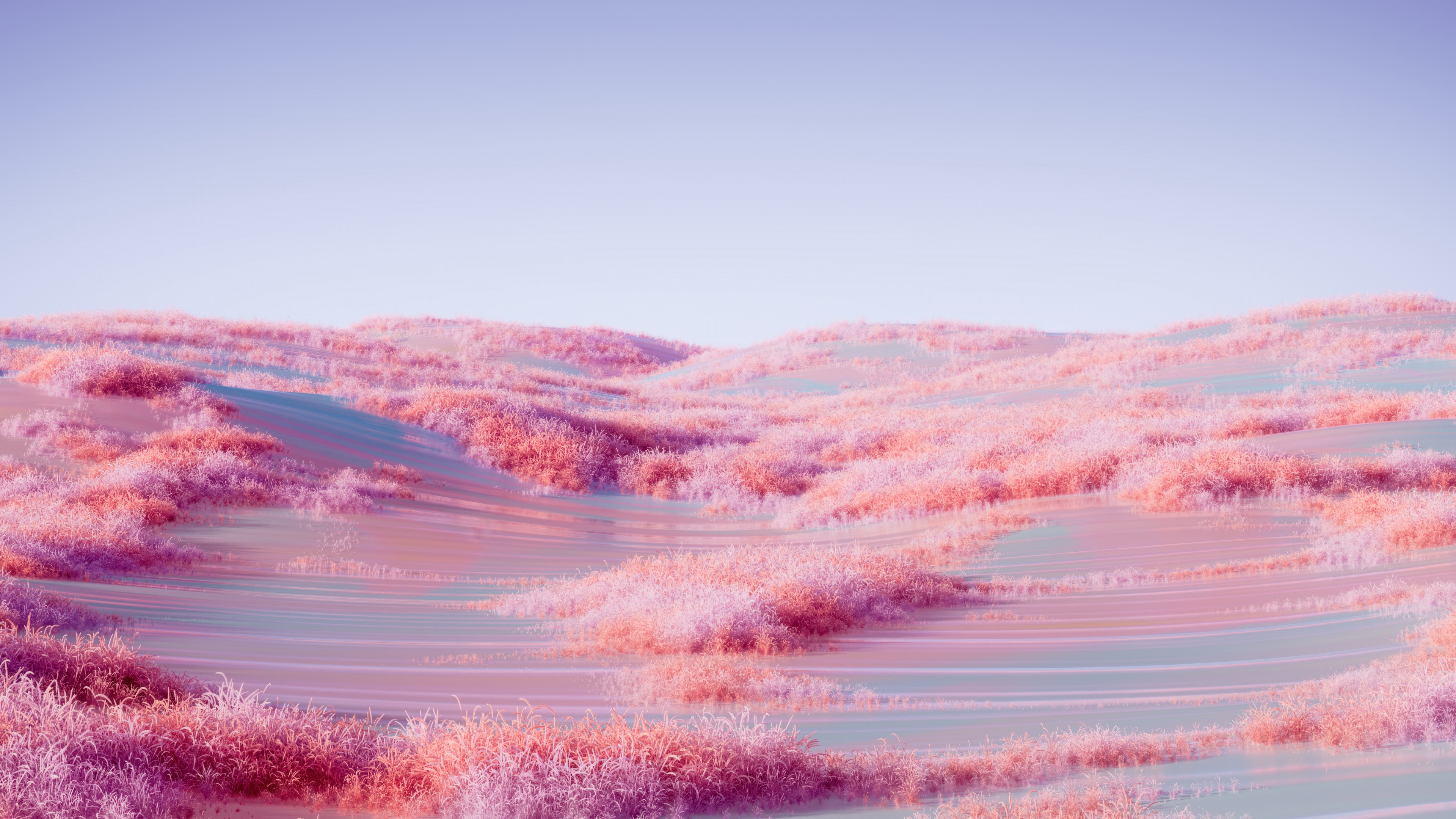 A surreal digital landscape featuring pink aesthetic tones, ethereal mountains, and a dreamlike atmosphere.
