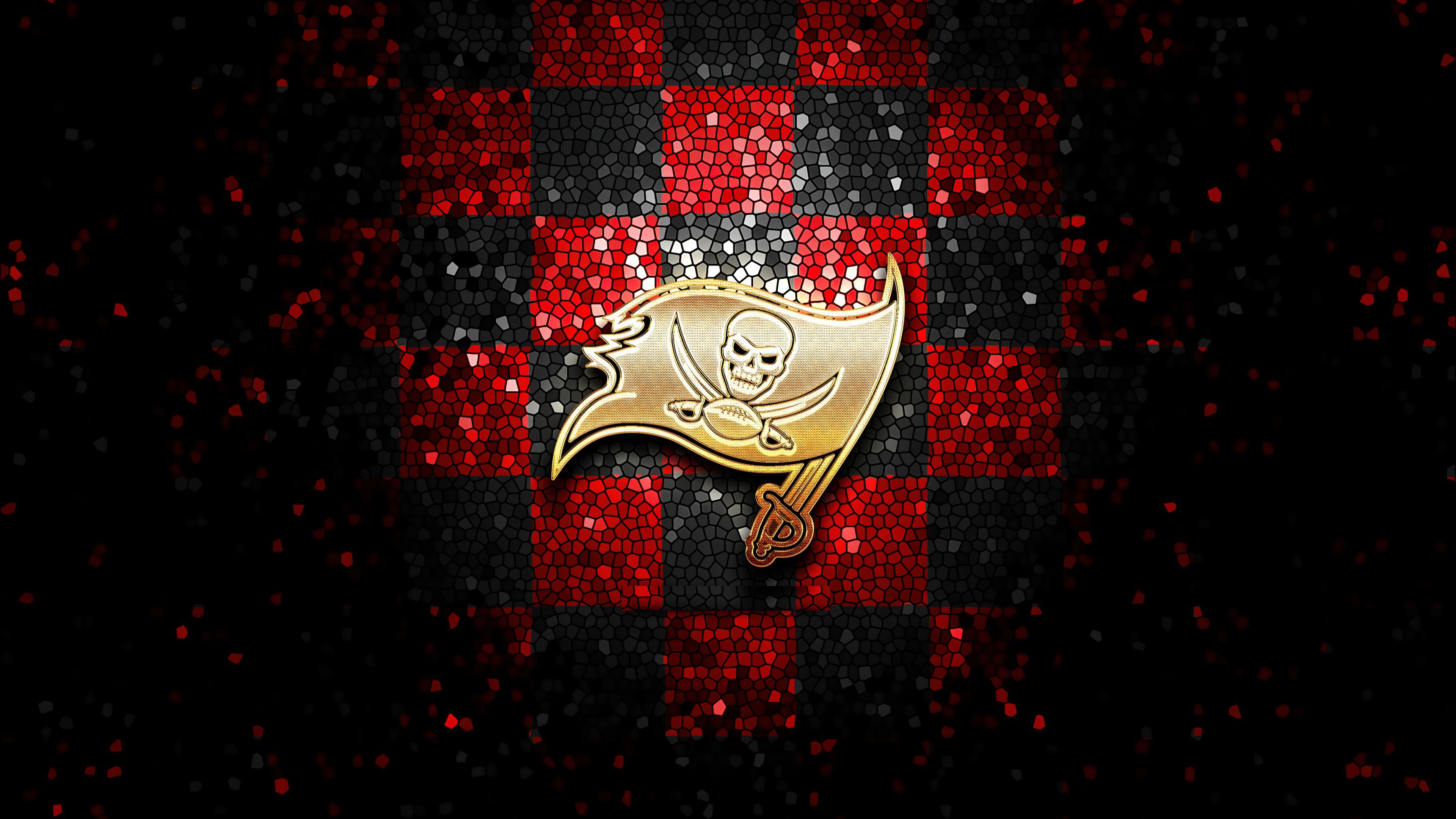 A mosaic-style digital illustration of the Tampa Bay Buccaneers football team logo on a dark background.
