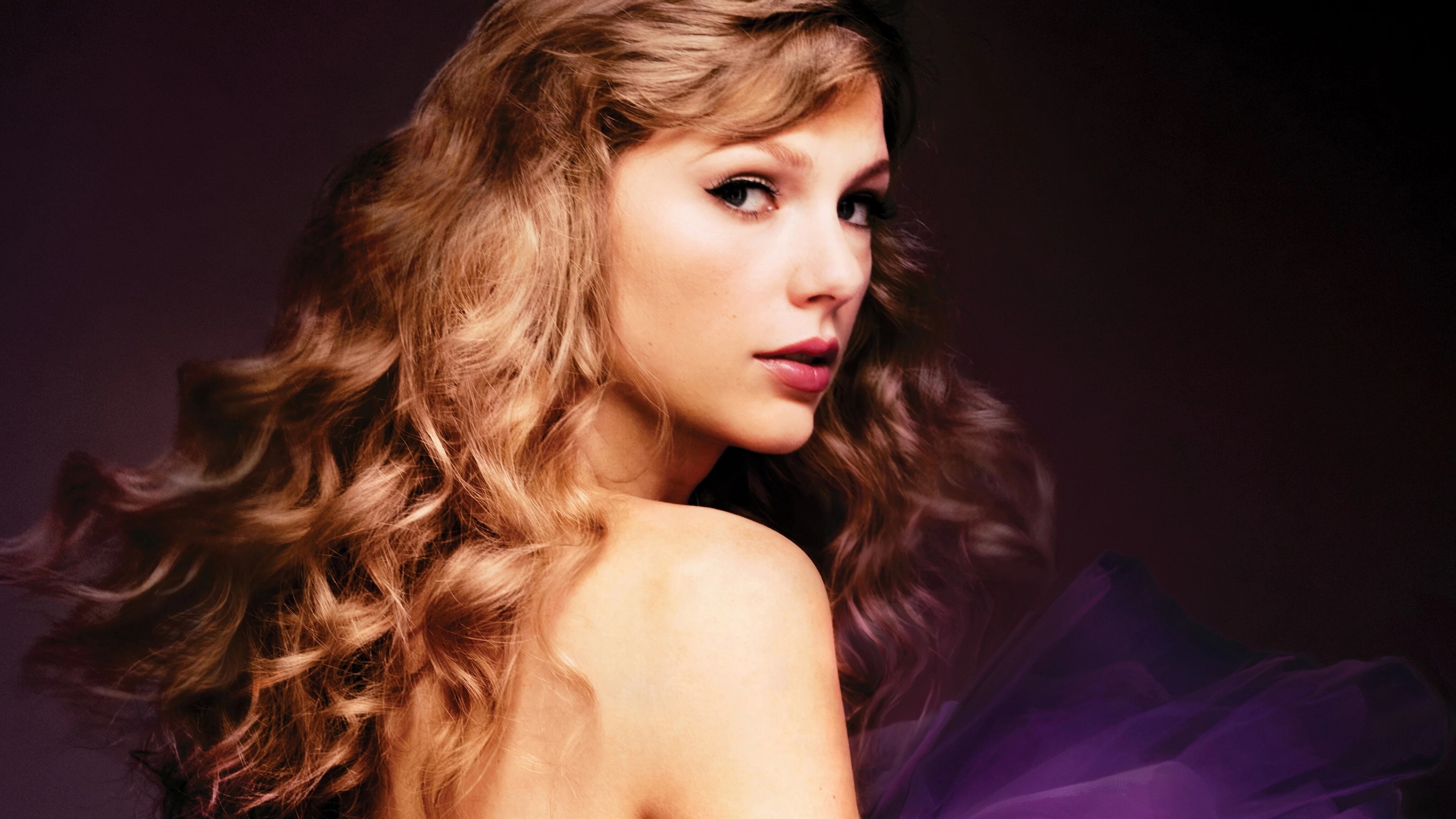 A beautiful portrait of singer Taylor Swift featuring a vibrant purple and lavender aesthetic.