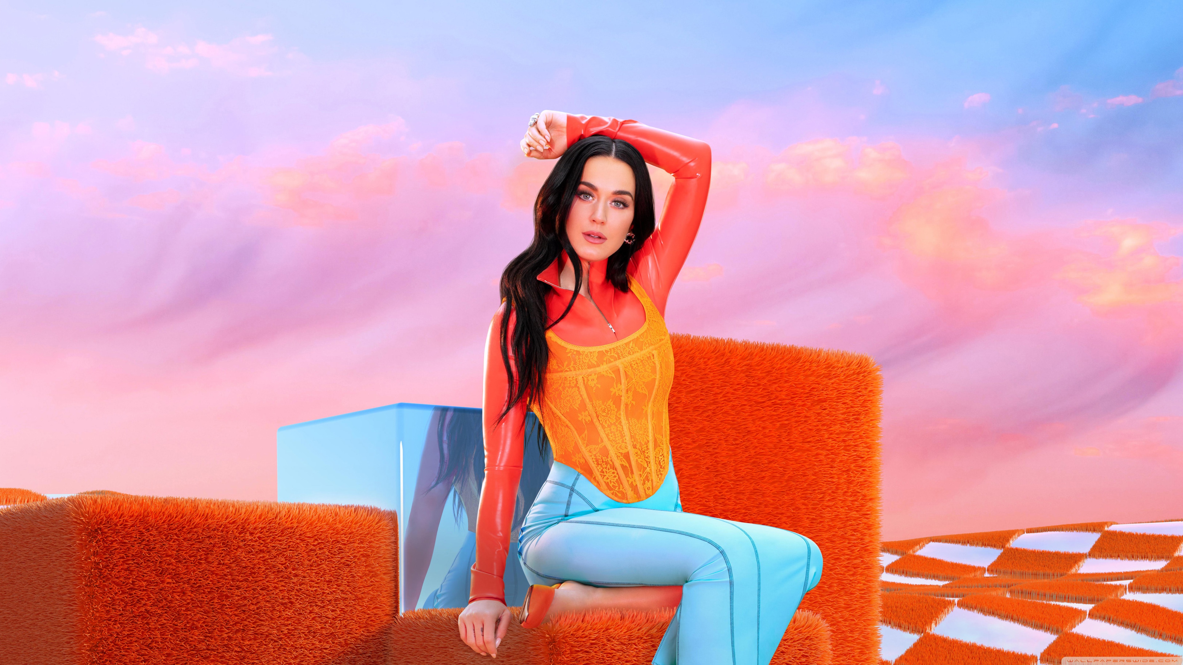 A colorful and aesthetic close-up portrait of pop singer Katy Perry with vibrant 2024 colors.