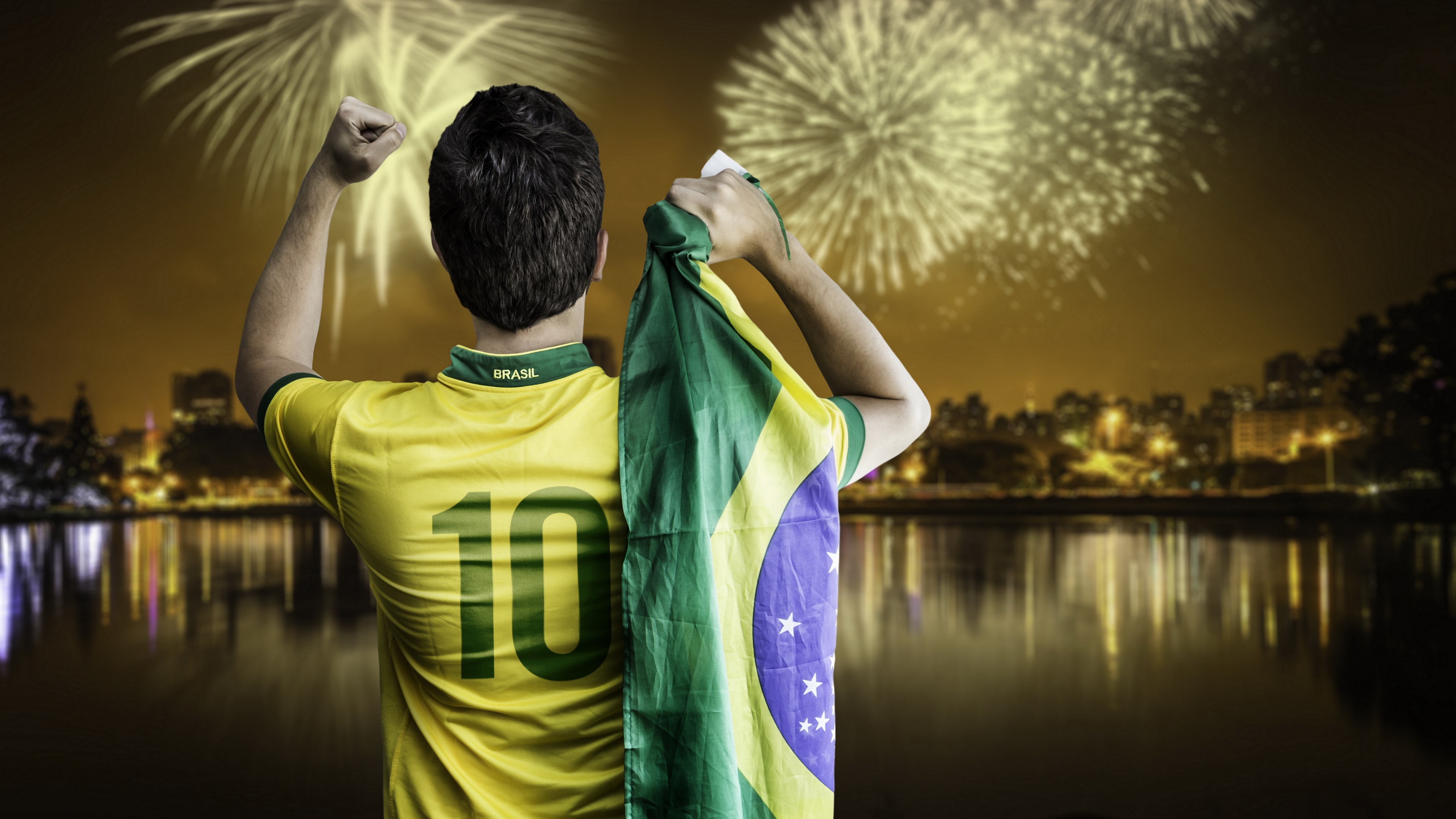 A Brazilian football player celebrating a victory with vibrant fireworks exploding in the background during a FIFA World Cup event.