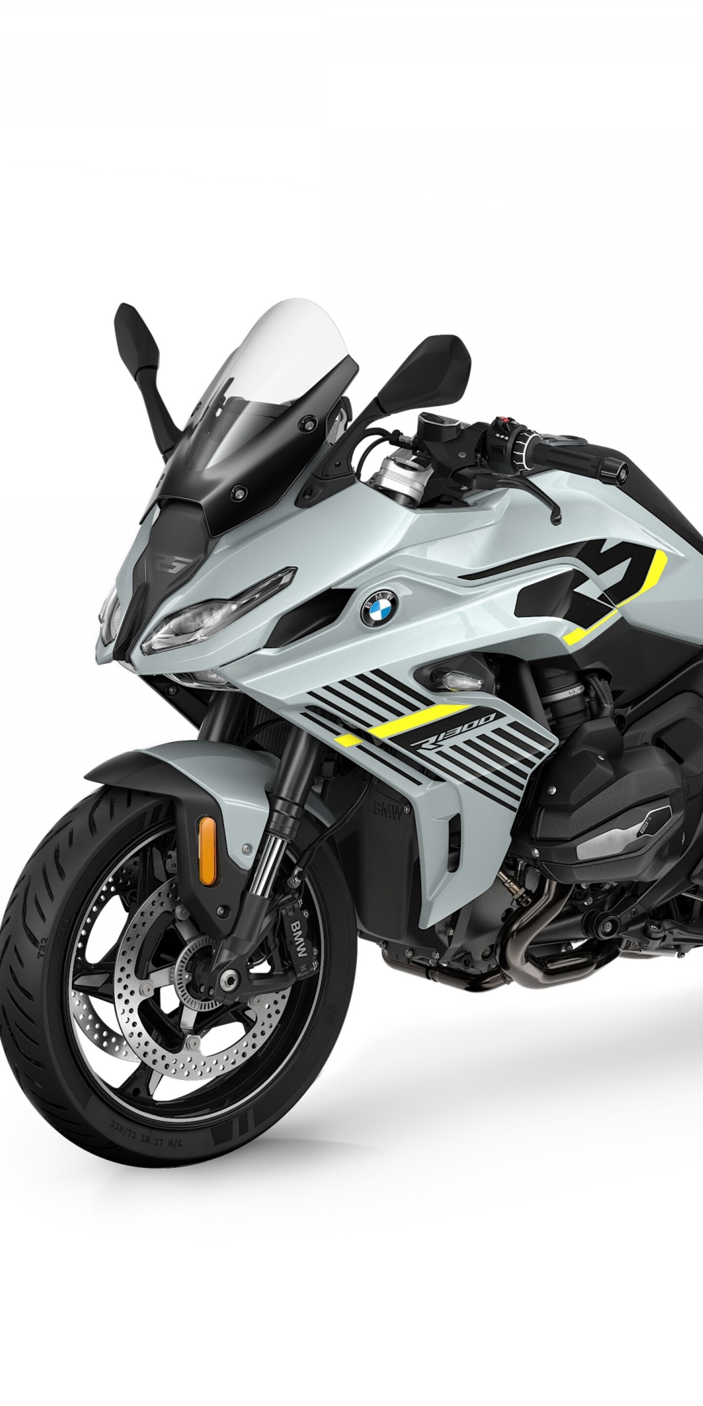 A sleek 2025 BMW R 1300 RS sports motorcycle isolated on a white background.