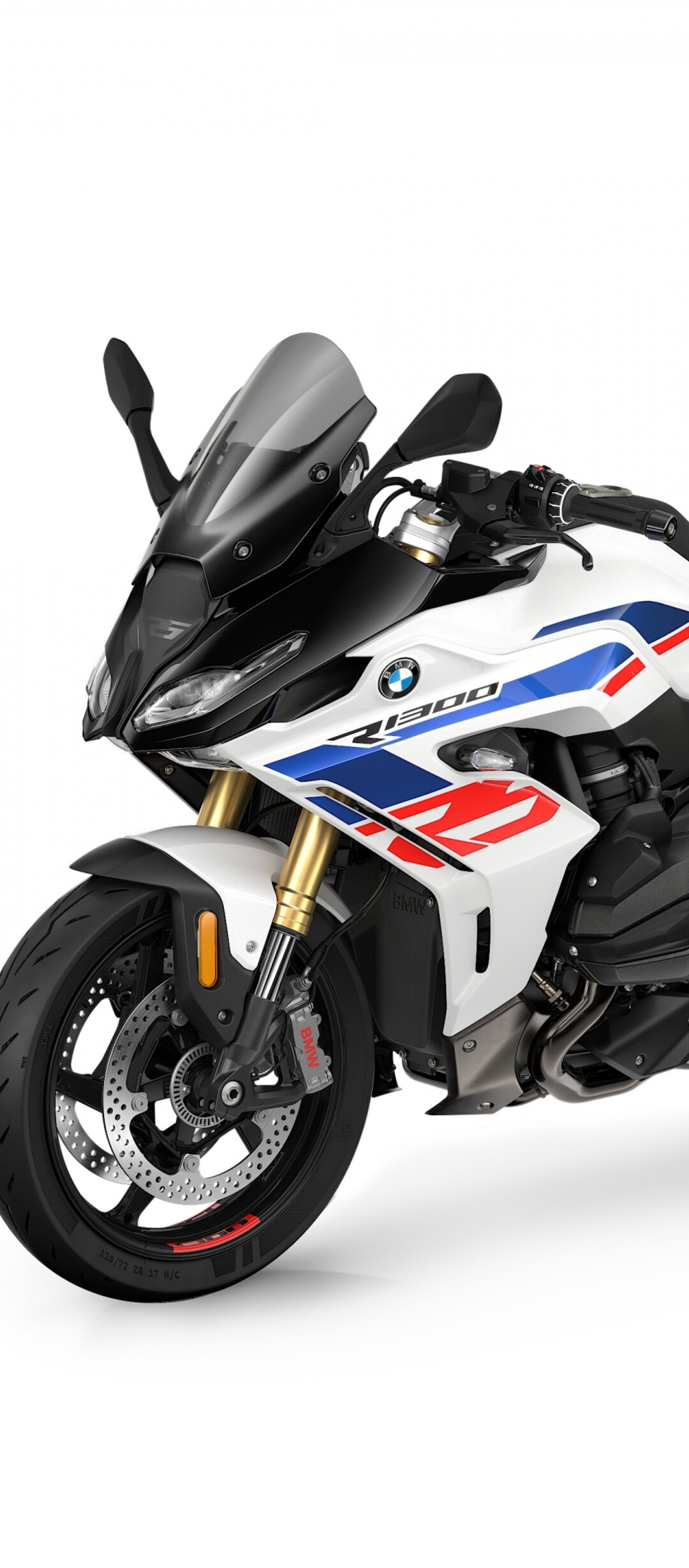 A professional studio shot of the 2025 BMW R 1300 RS sports motorcycle on a plain white background.