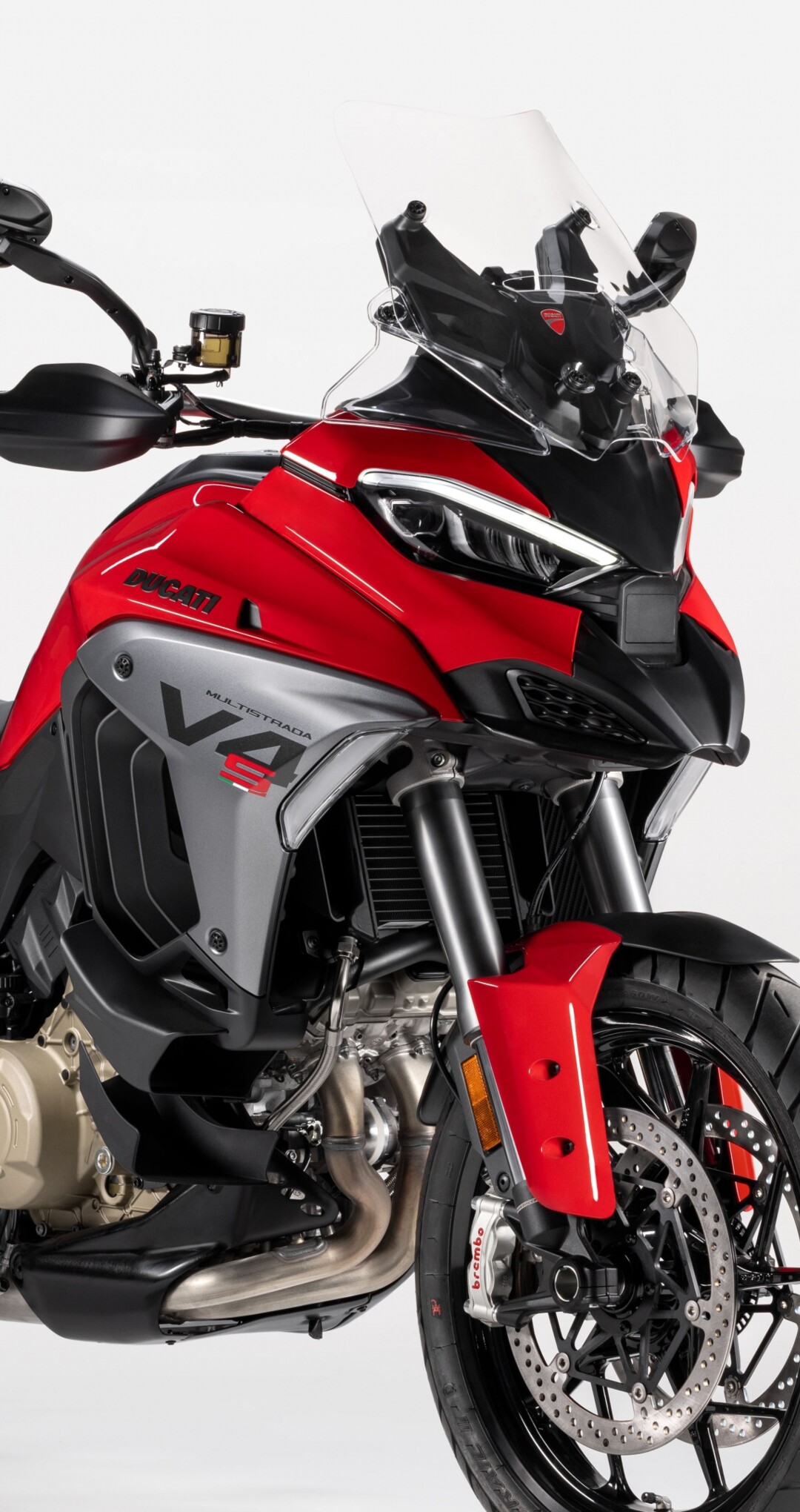 A high-resolution studio shot of the 2025 Ducati Multistrada V4 S motorcycle against a solid white background.