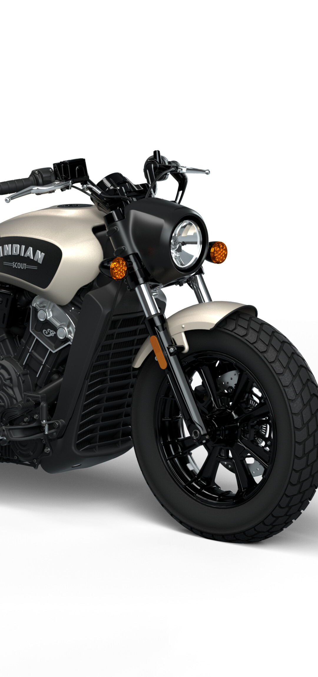 The 2025 Indian Scout Bobber cruiser motorcycle isolated on a white background.