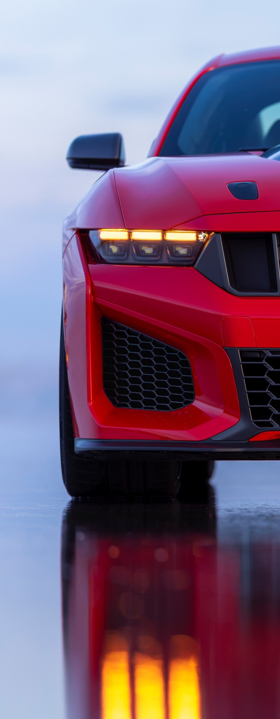 A high-detail, red 2027 Ford Mustang Dark Horse SC featuring aggressive aerodynamic styling and a glossy crimson finish.