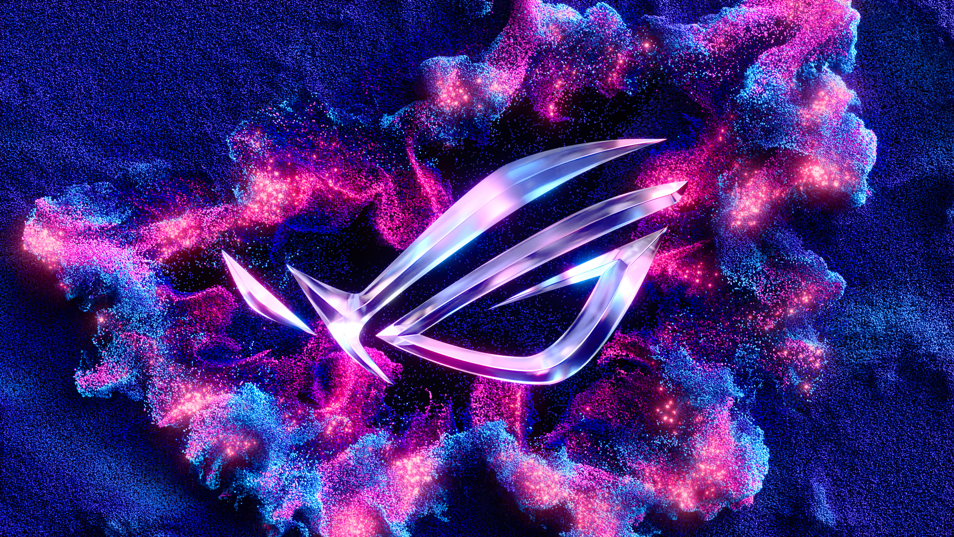 A 3D background featuring ASUS ROG-themed blue particles and glowing light effects.
