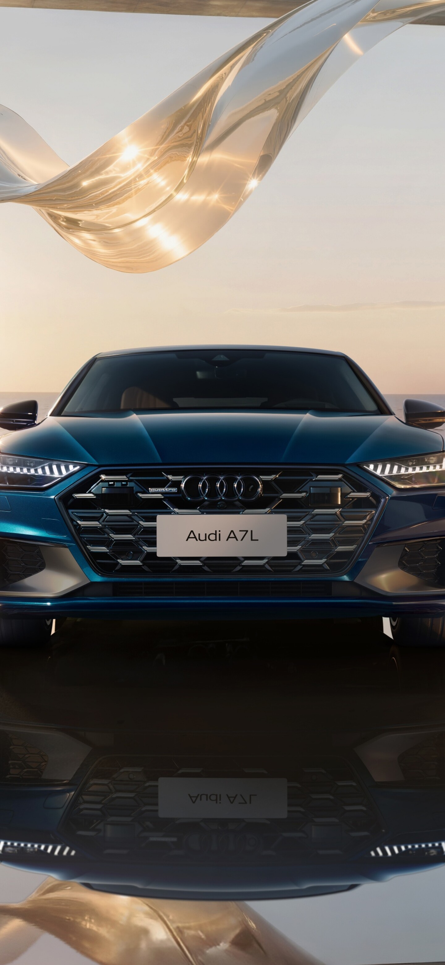 A high-definition, cinematic shot of a sleek Audi A7L 55 TFSI quattro S line luxury sedan.