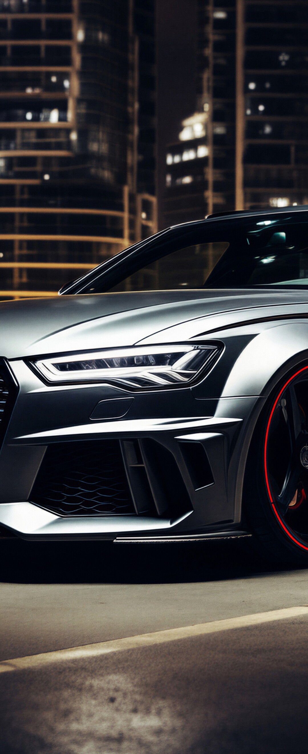 A close-up, high-detail view of a high-performance Audi RS 6 Avant showcasing its modern automotive design and aggressive styling.