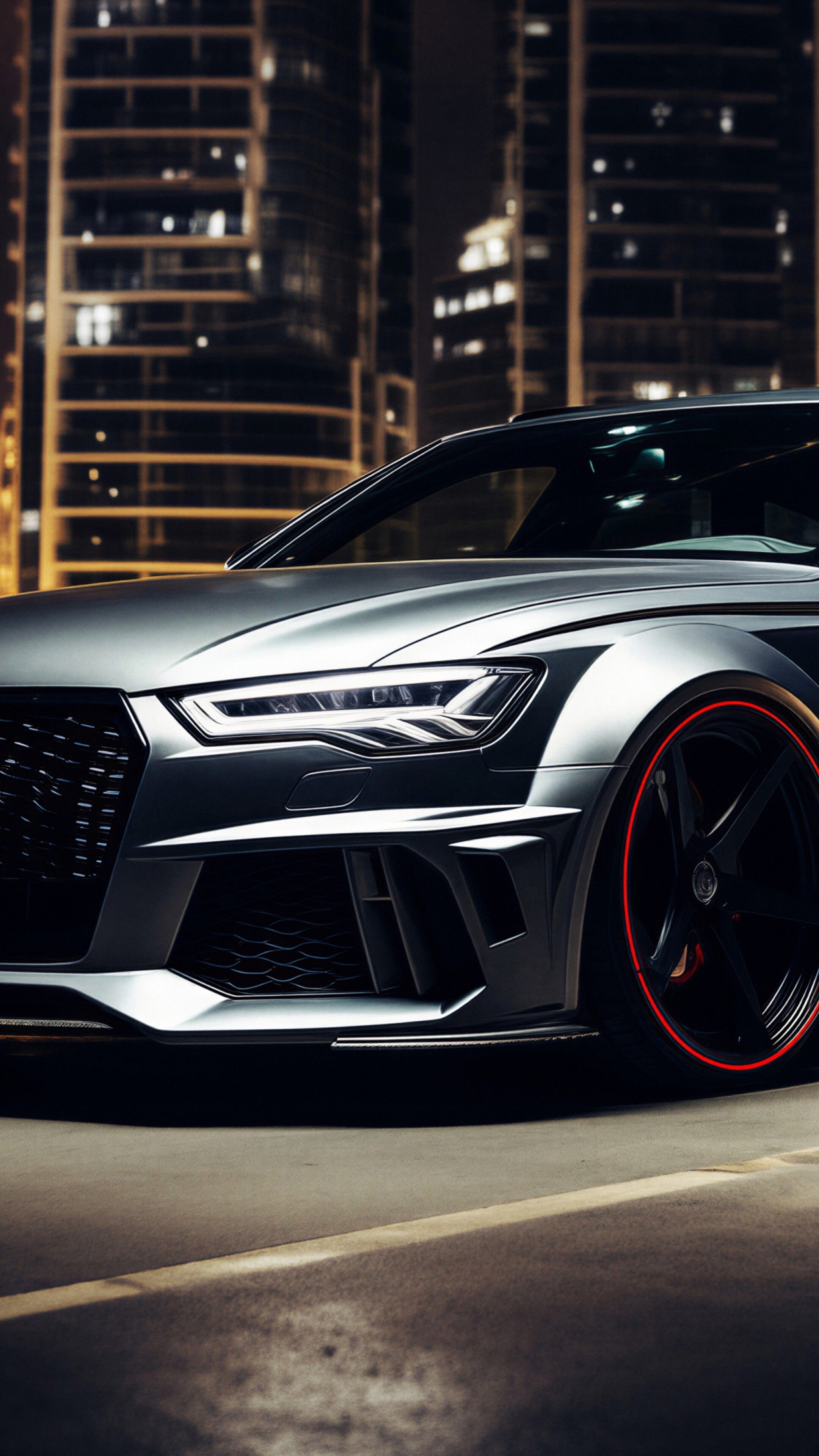 A close-up, high-detail view of a high-performance Audi RS 6 Avant showcasing its modern automotive design and aggressive styling.