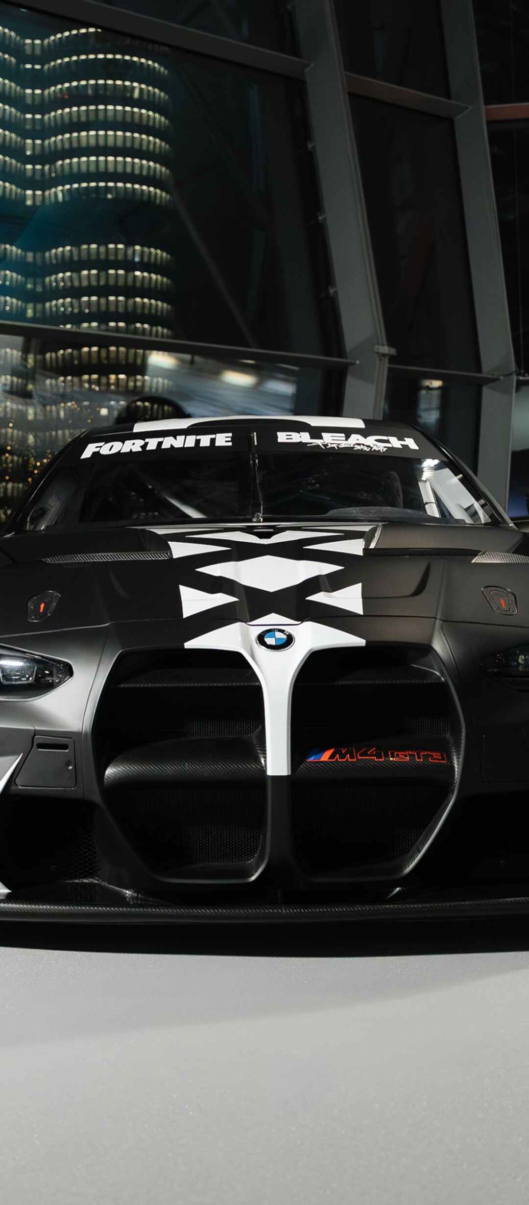 A stylized BMW M4 GT3 EVO racing car rendered in the vibrant art style of Fortnite.