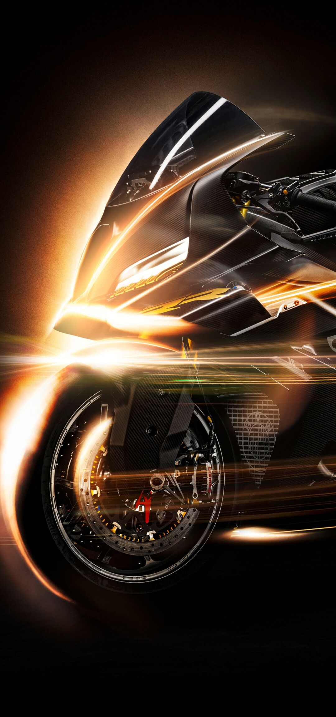 A futuristic BMW Motorrad Concept RR motorcycle presented in a dark studio setting with sharp, high-resolution details.