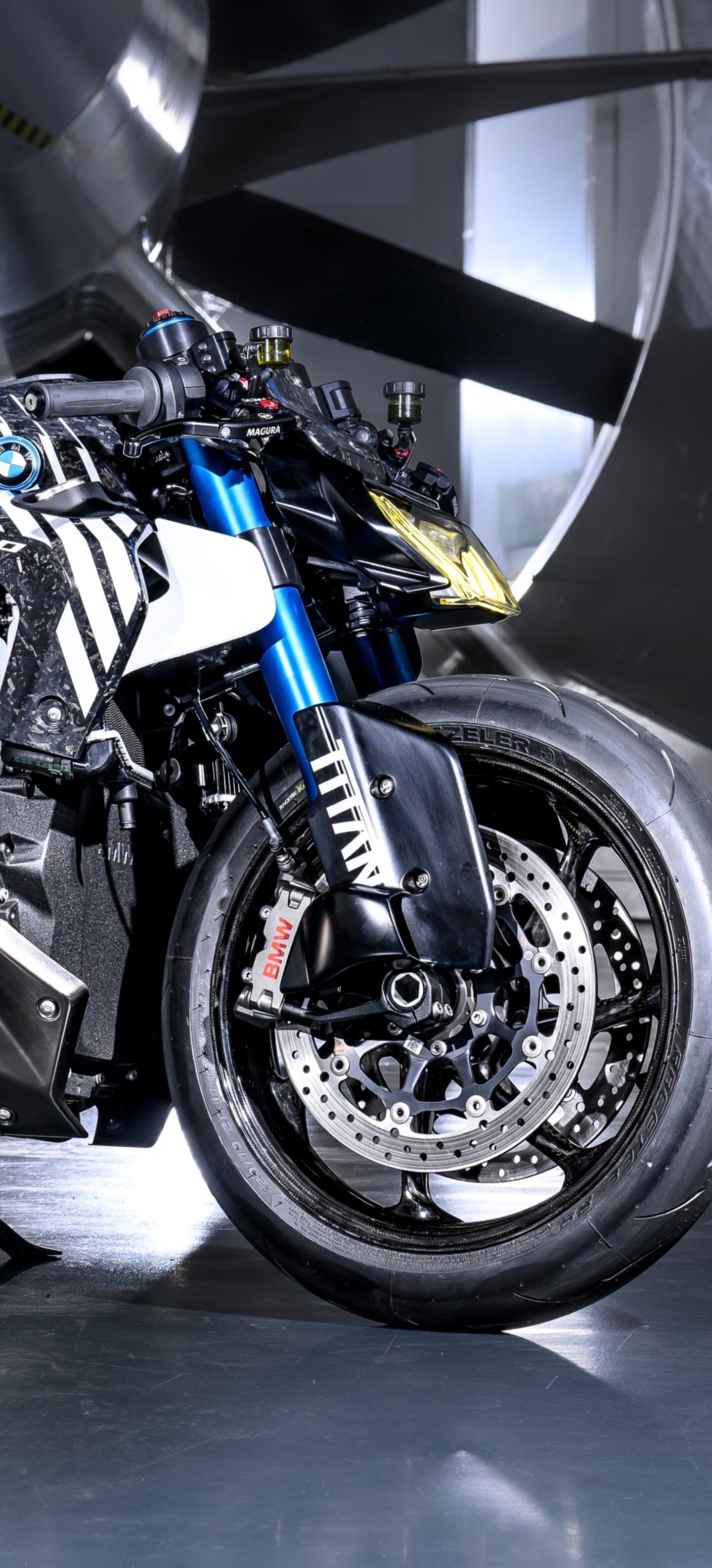 A high-detail, futuristic BMW R 1300 R Titan adventure motorcycle with metallic plating and advanced design elements.