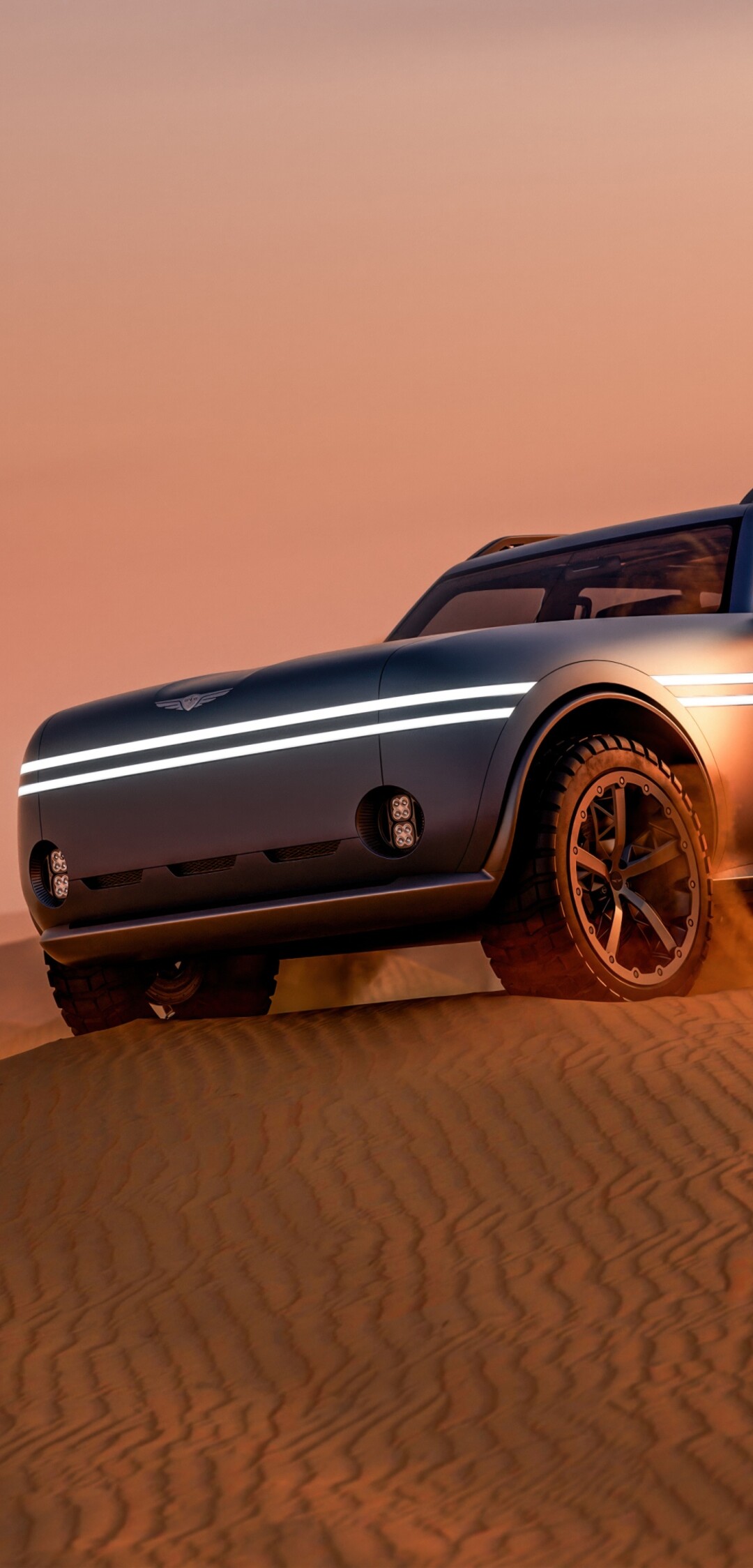 A futuristic explorer in advanced sci-fi armor walking through a vast desert landscape.