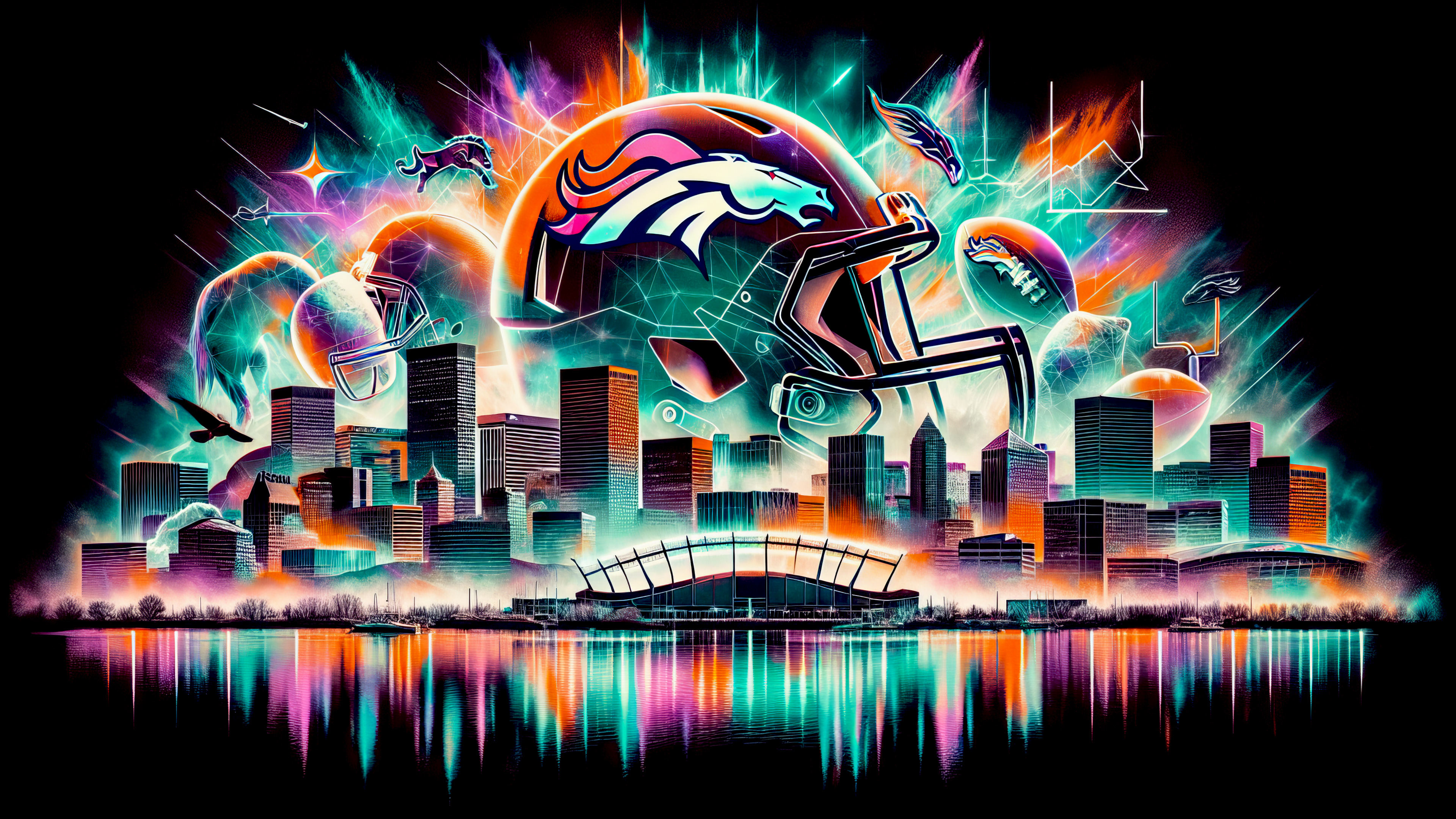 A dramatic and intense visual featuring the Denver Broncos NFL team colors and football theme on a dark background.