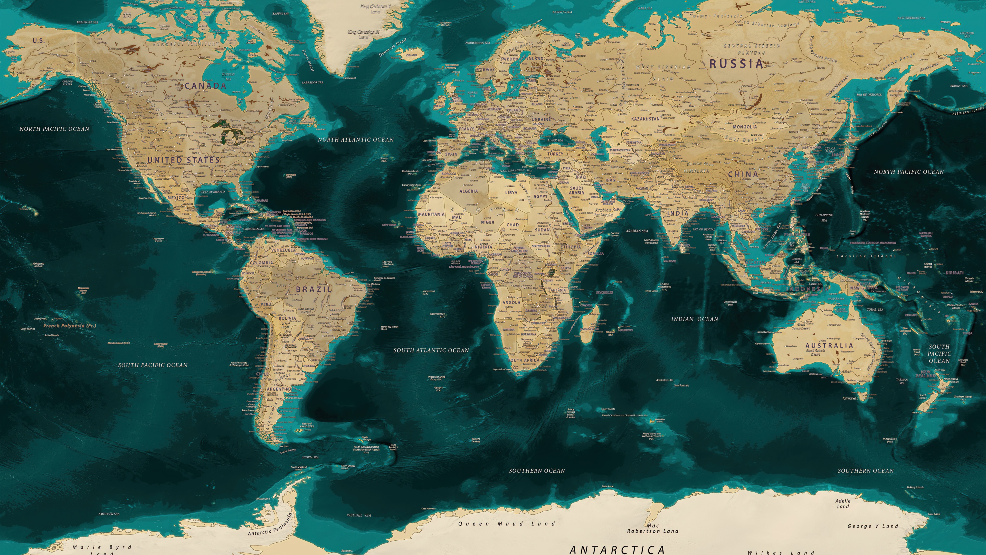 A detailed geographic world map showing continents and oceans.