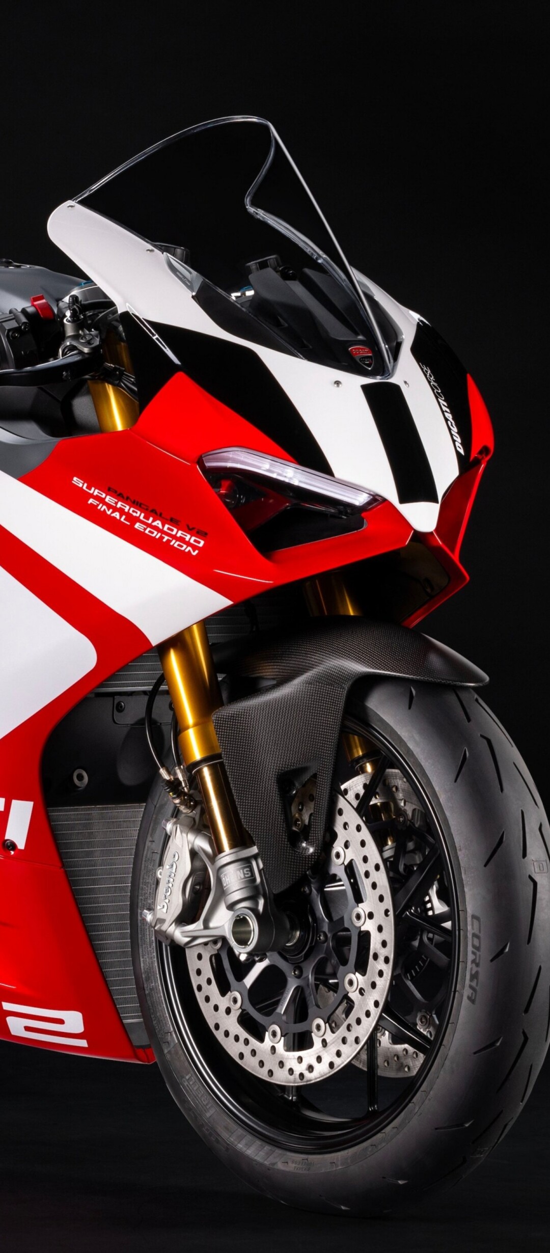 A detailed, cinematic shot of a Ducati Panigale V2 superbike against a dark, minimalist background.