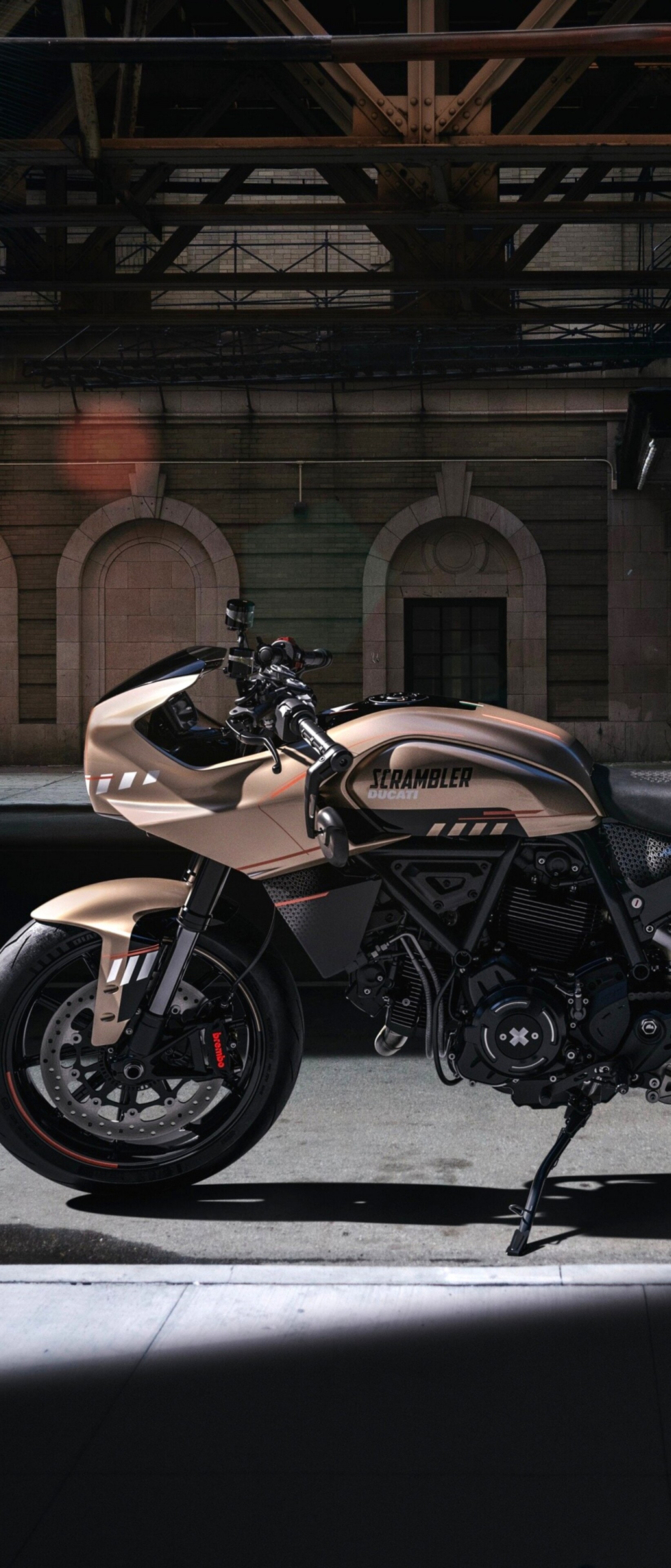 Detailed concept art of a customized Ducati Scrambler motorcycle in a cafe racer style with high-resolution finishes.