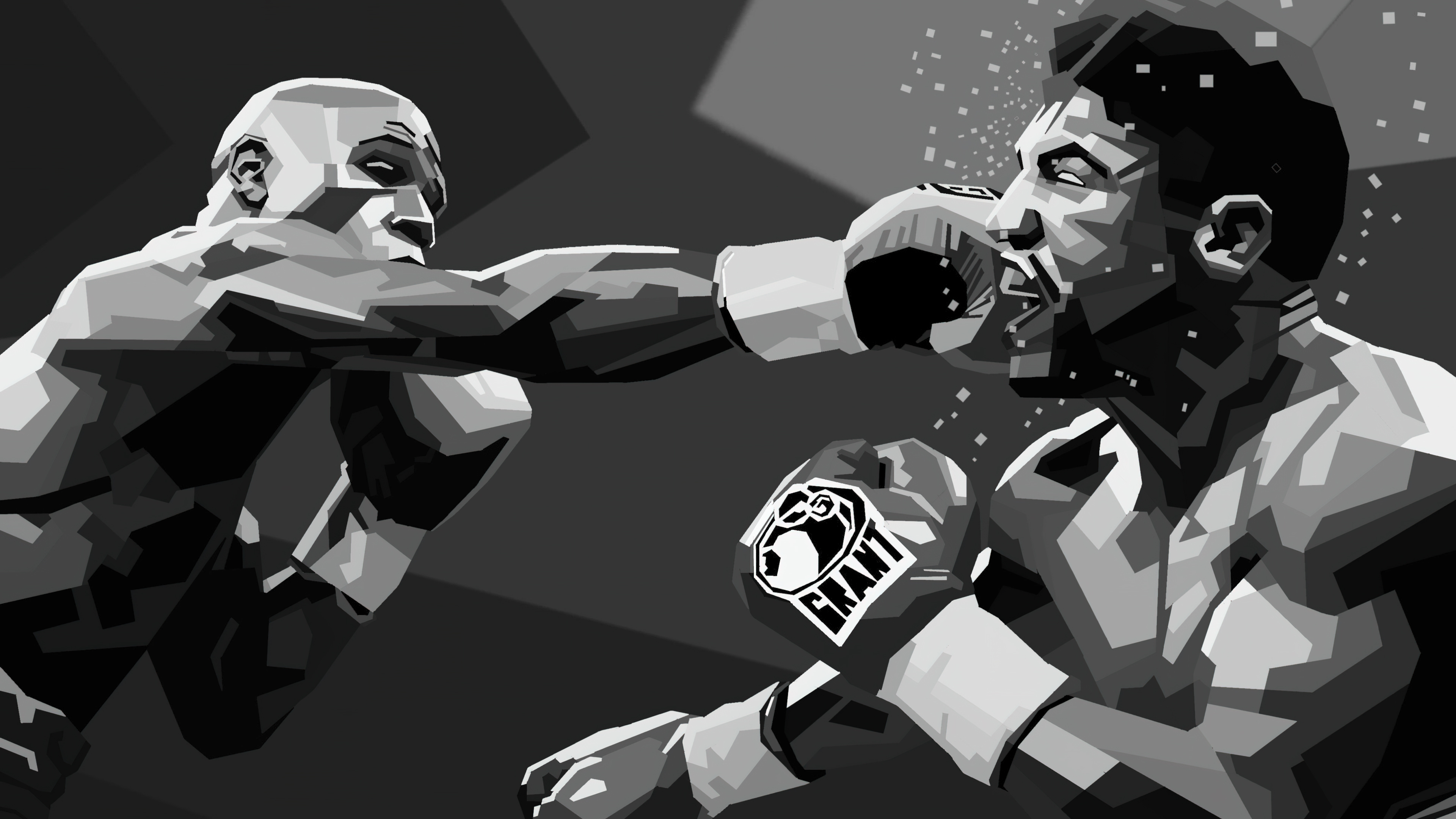 A low poly polygonal art piece of a boxer in a fighting stance wearing boxing gloves.