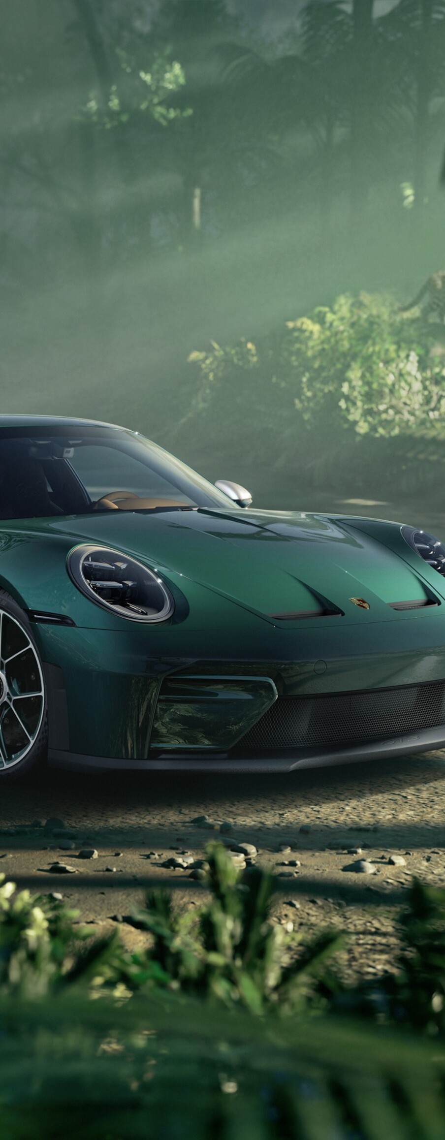 A high-detail, 5K resolution shot of a Porsche 911 GT3 Touring featuring a lush green aesthetic and cinematic lighting.