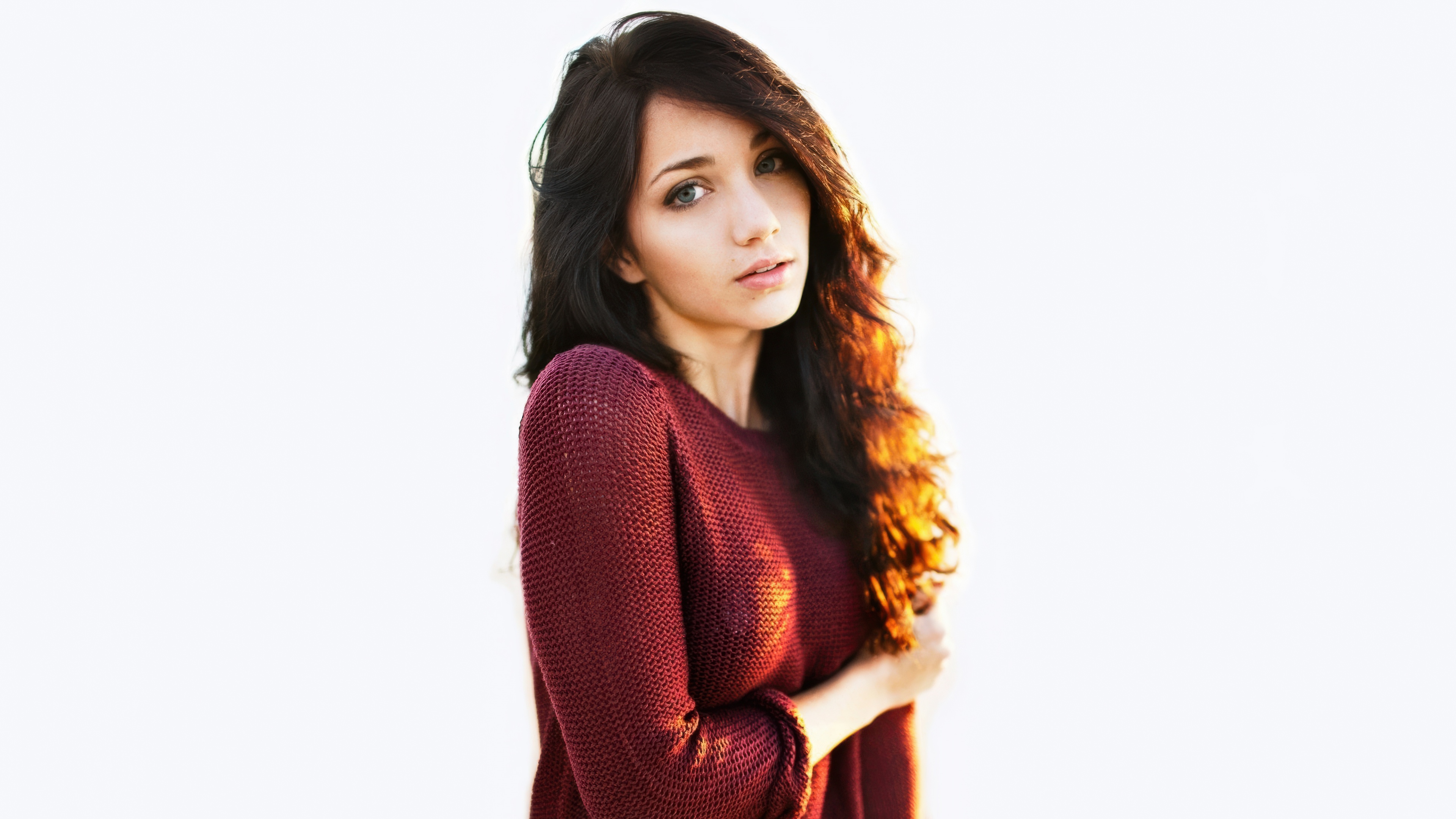 A detailed 5K close-up portrait of Emily Rudd against a solid white background.