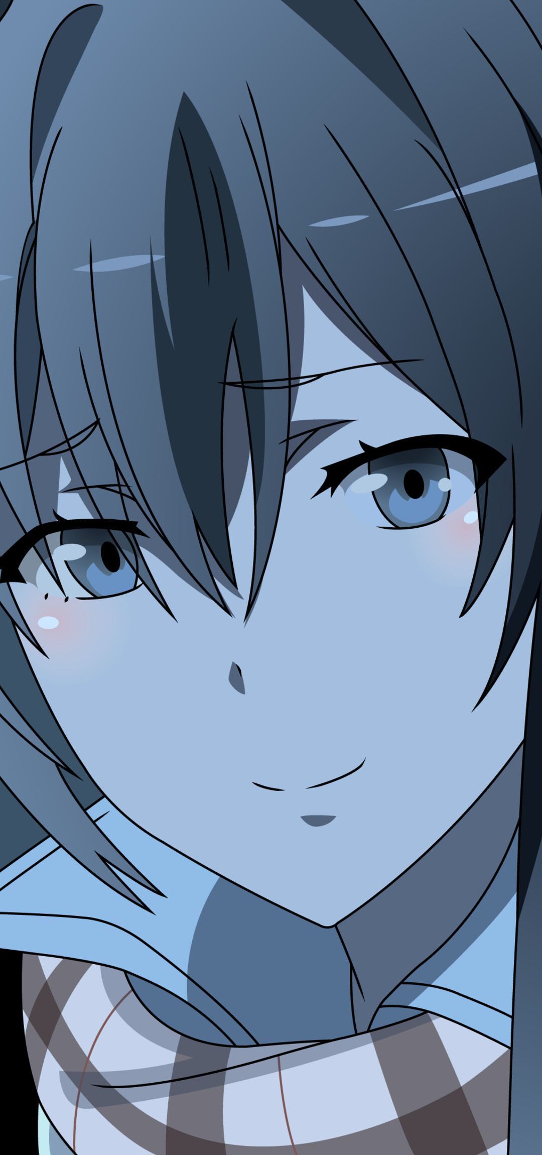 Close-up portrait of a beautiful anime girl with detailed eyes against a pitch-black background.