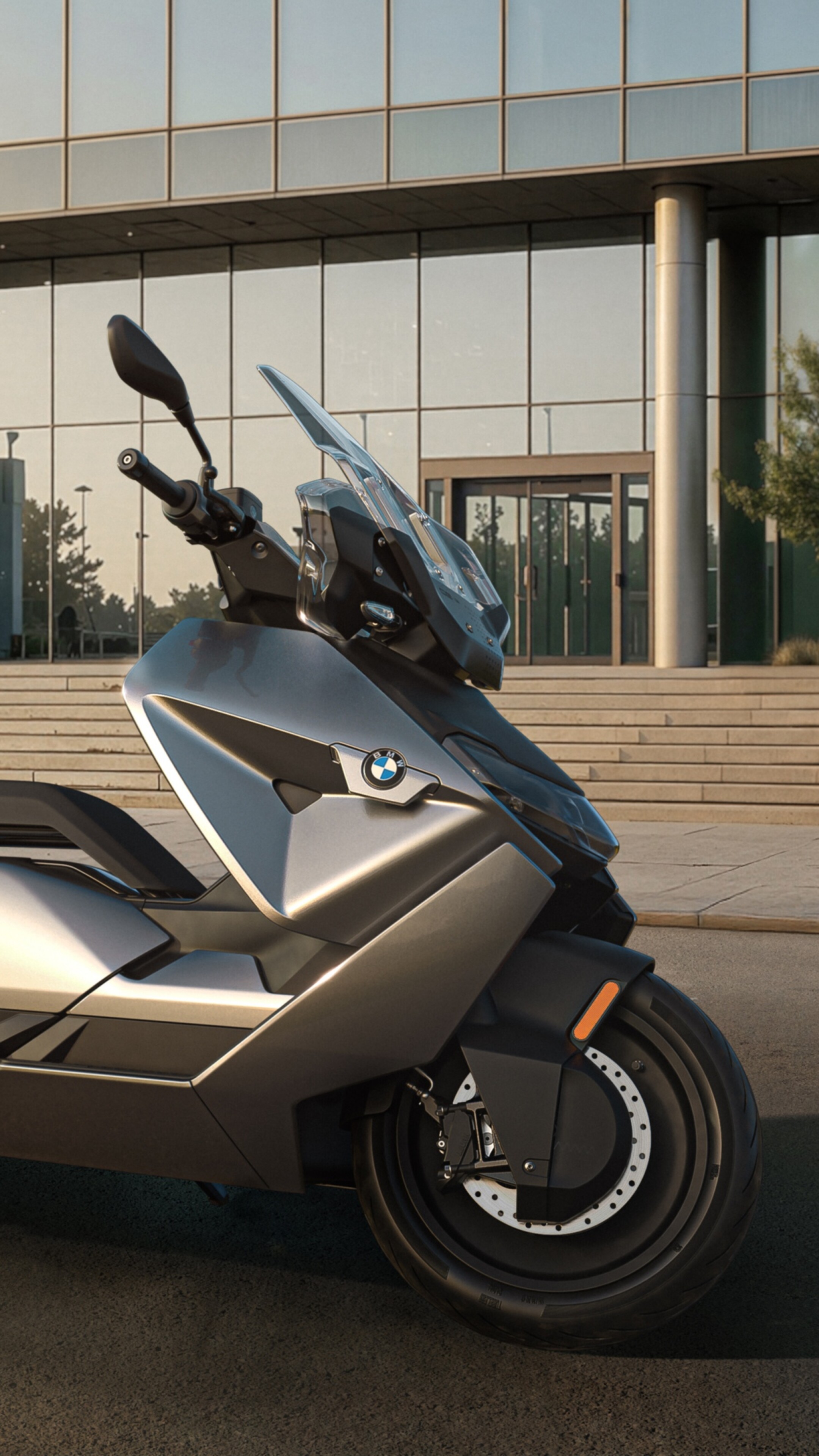 A highly detailed, modern electric scooter designed for 2025, positioned on a clean, futuristic urban street.
