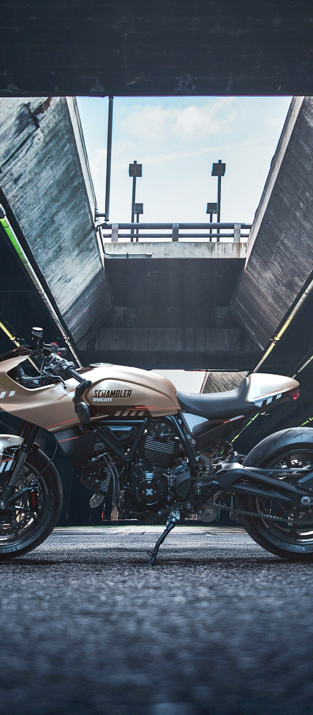 A high-detail concept cafe racer motorcycle with chrome accents and a streamlined aerodynamic body.