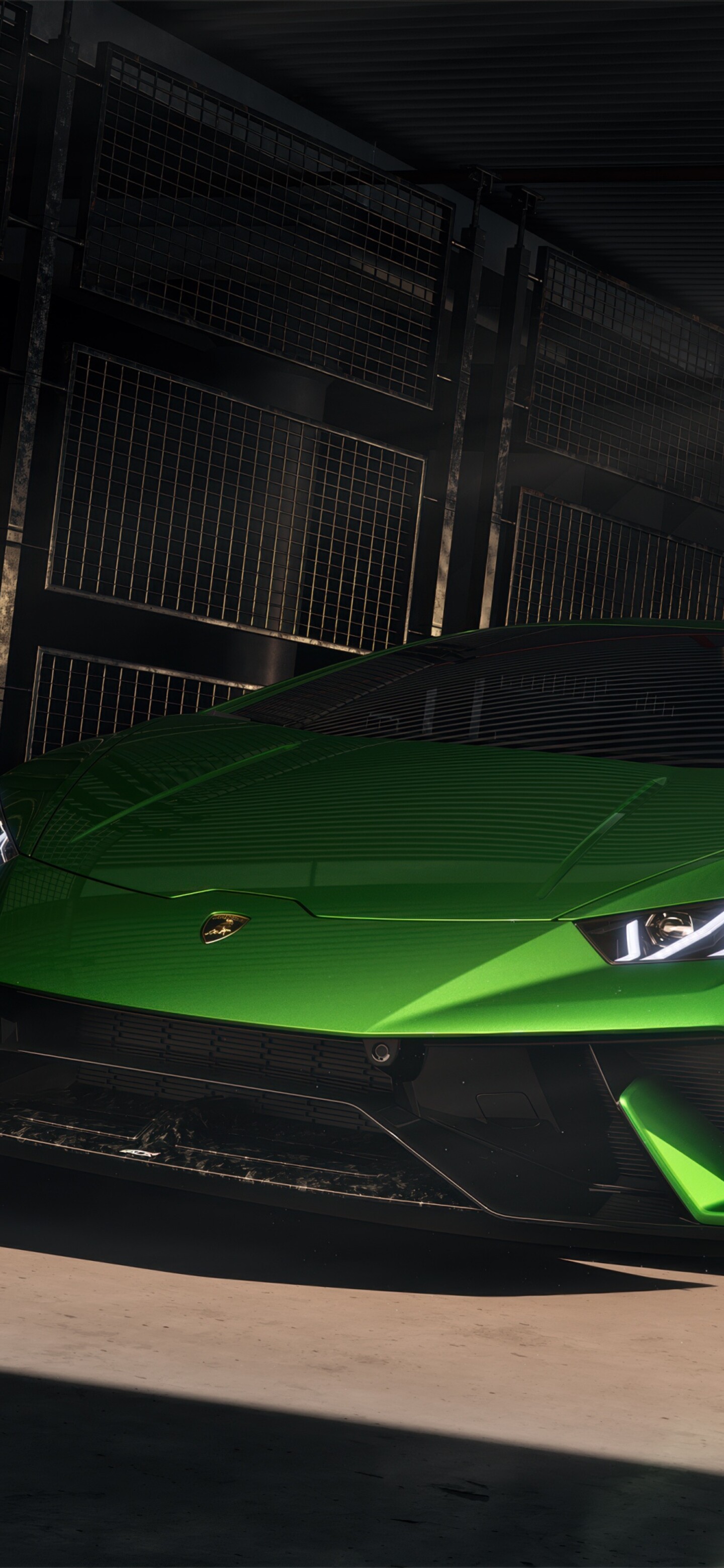 A sleek, emerald green Lamborghini Huracan Performante supercar with a futuristic aesthetic.