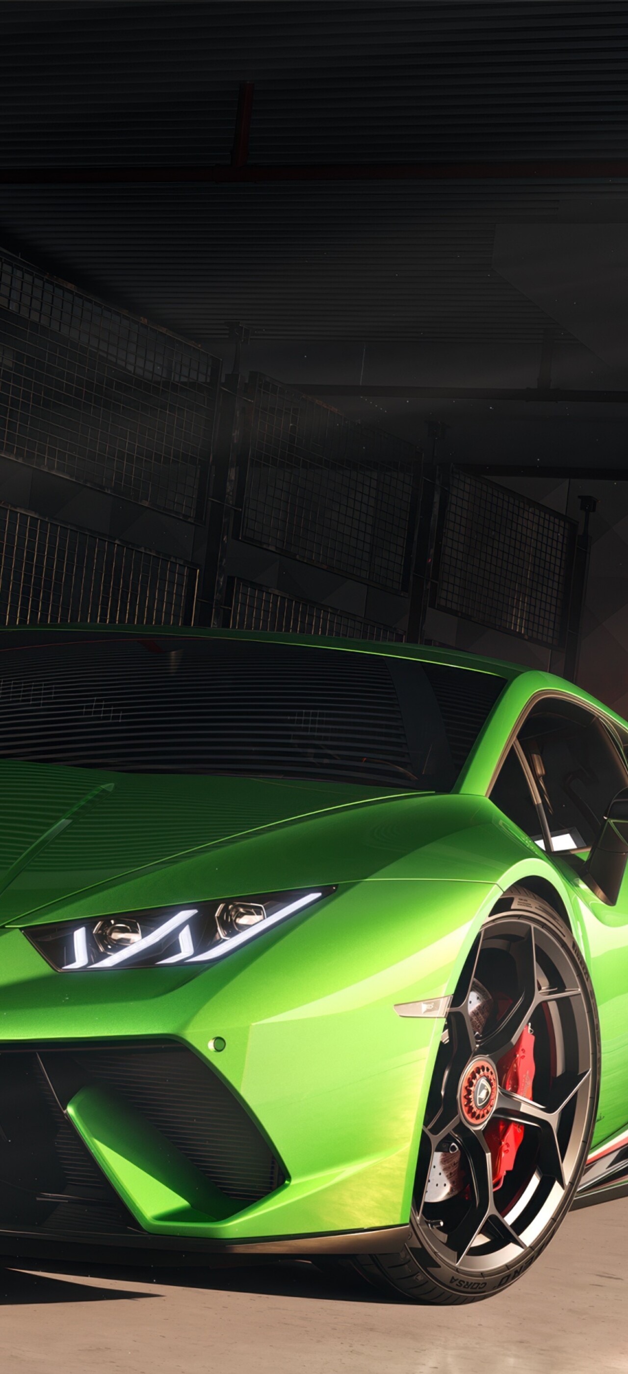 A stunning 5K close-up of a bright green Lamborghini Huracan Performante supercar with a futuristic aesthetic.