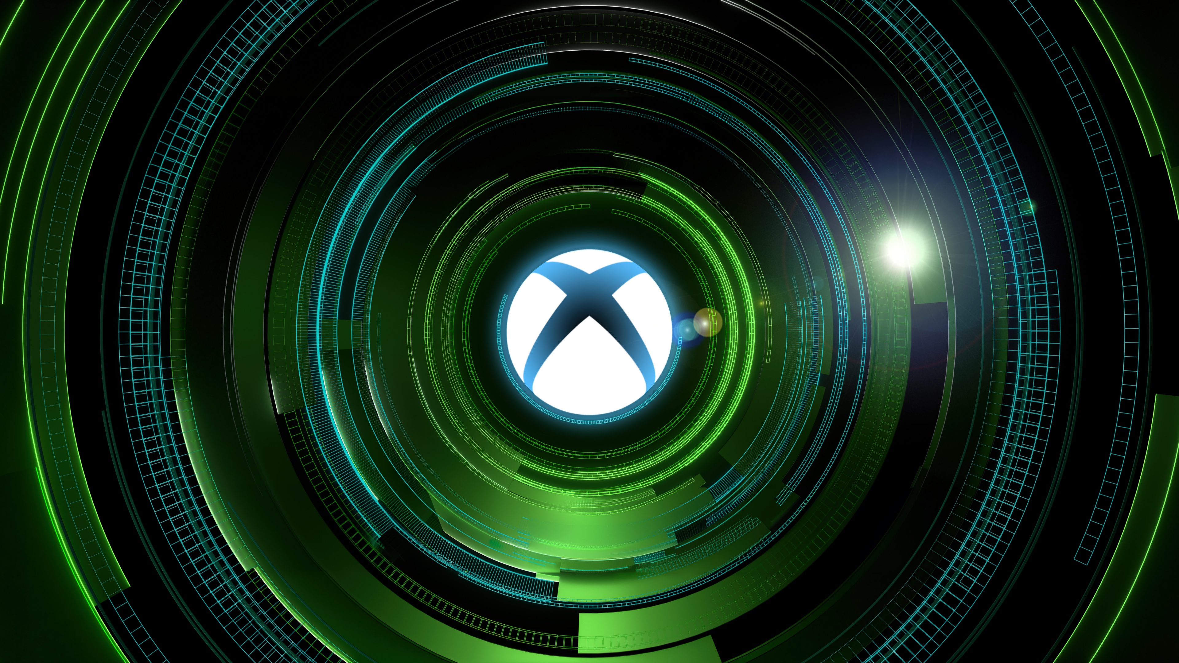 Futuristic green abstract background featuring the Xbox logo with glowing light effects.