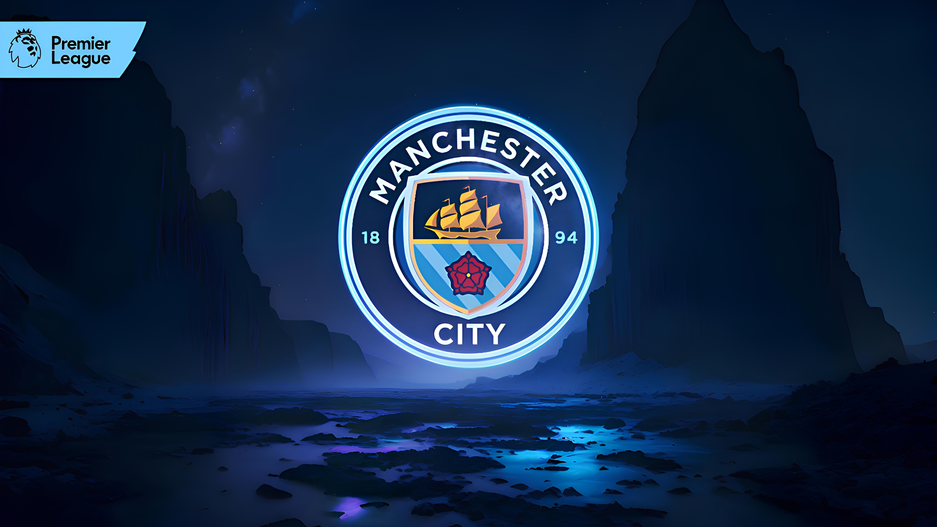 Glowing neon blue Manchester City FC logo set against a dark background