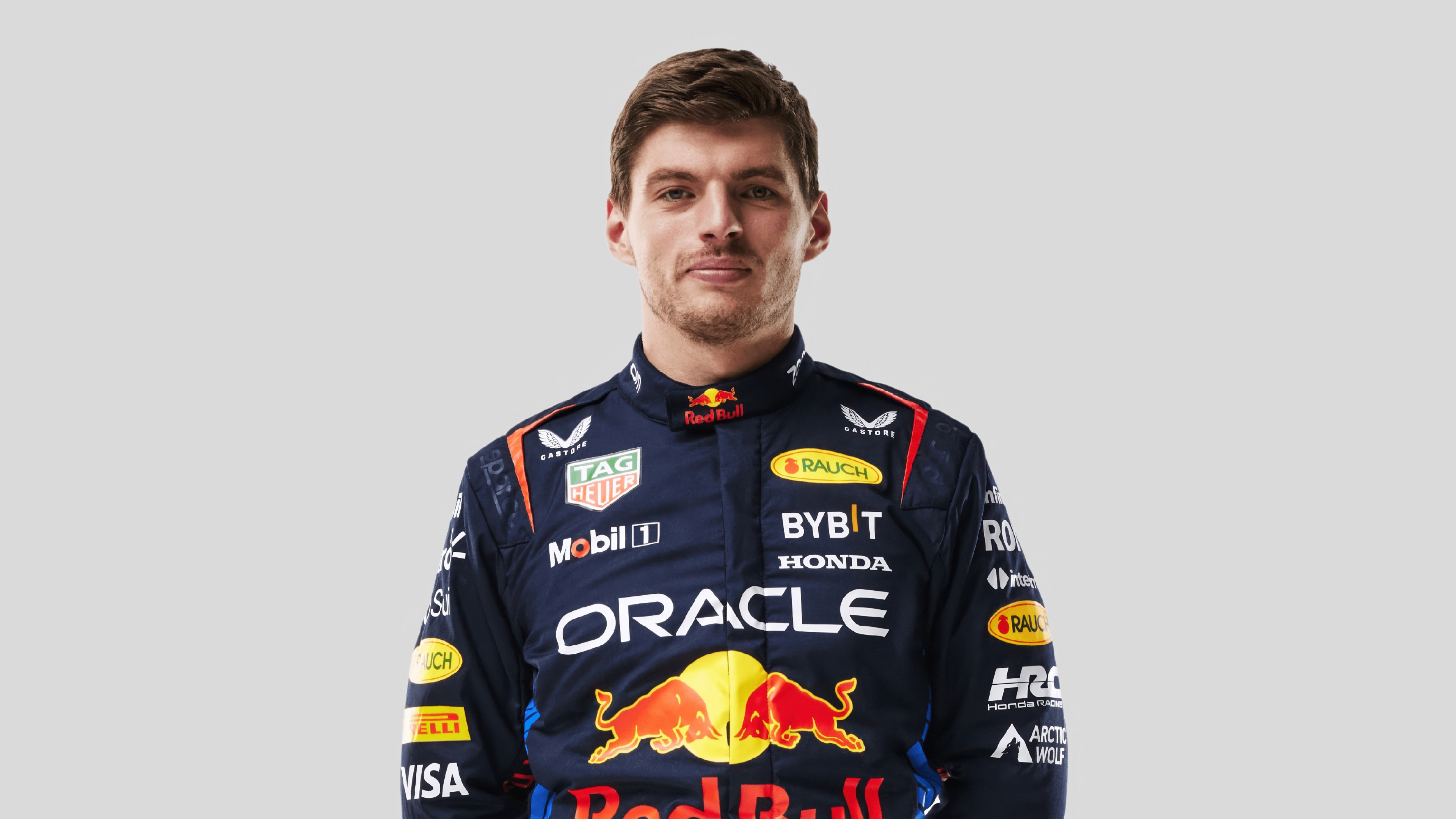 A highly detailed 5K portrait of Formula One driver Max Verstappen wearing Red Bull Racing attire.