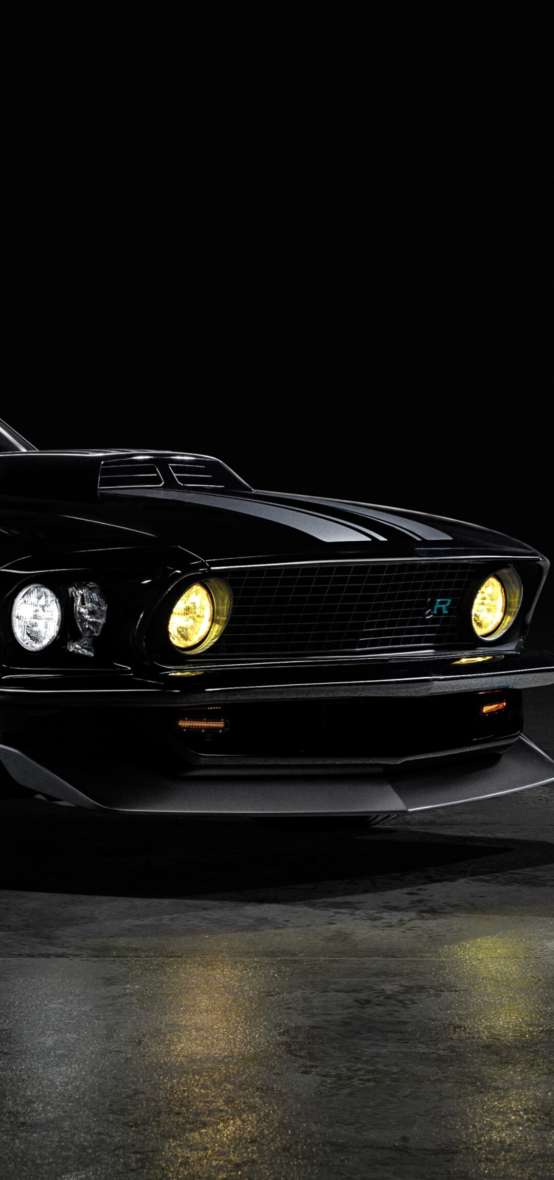 A sleek black Ford Mustang Mach 1 featured in a dark, moody environment with dramatic lighting highlighting its muscular design.
