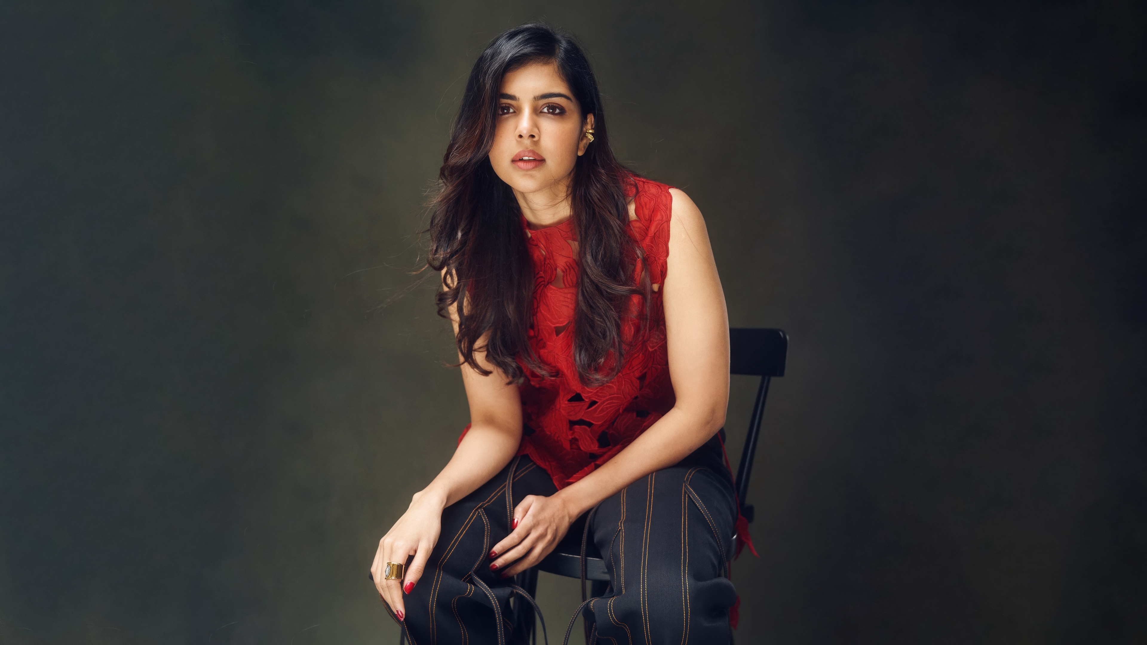 A high-definition 5K close-up portrait of Indian actress Kalyani Priyadarshan